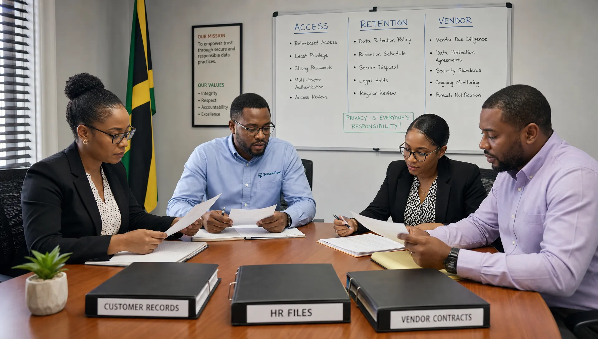 A Jamaican office team reviews privacy and compliance documents at a conference table, with folders labelled customer records, HR files and vendor contracts and a visible wall board with access, retention and vendor headings.