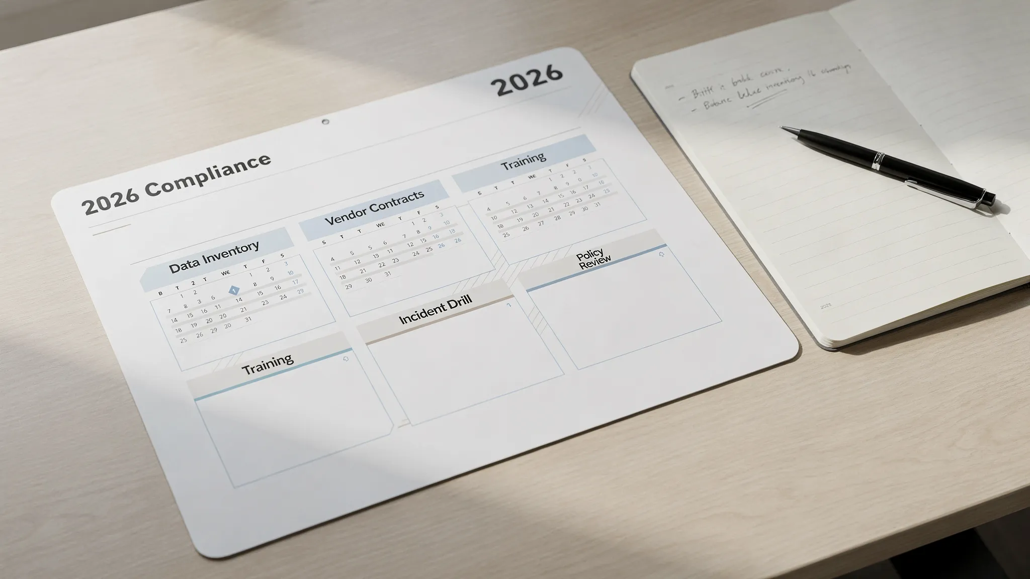 A simple compliance calendar for 2026 on a desk, showing monthly blocks labelled Data Inventory, Vendor Contracts, Training, Incident Drill, and Policy Review, next to a notebook and pen.