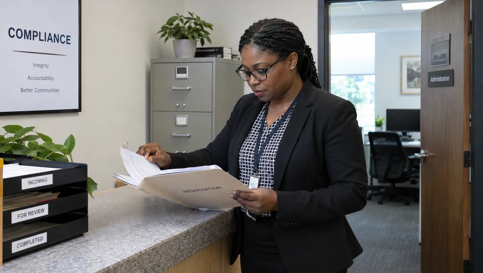 A compliance officer checks a registration folder at a standing counter, with a filing cabinet and office doorway nearby.
