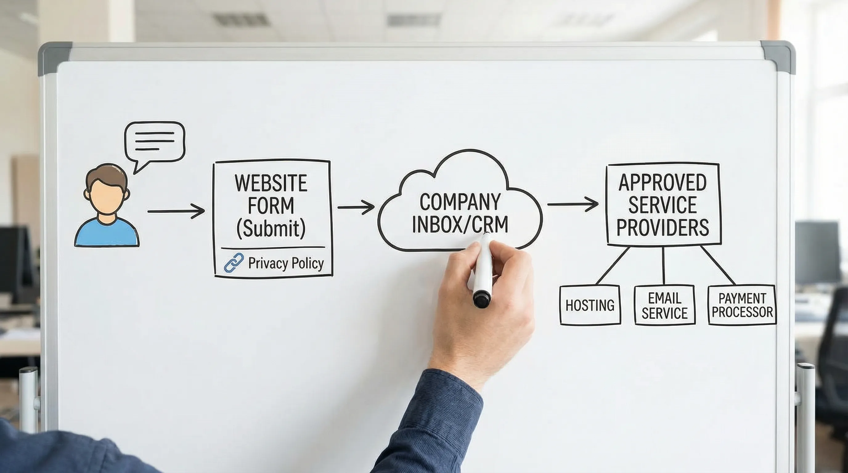 A simple diagram showing a user submitting a website form, the data flowing to a company inbox/CRM, then to approved service providers like hosting, email service, and payment processor, with a privacy policy link shown at the form.