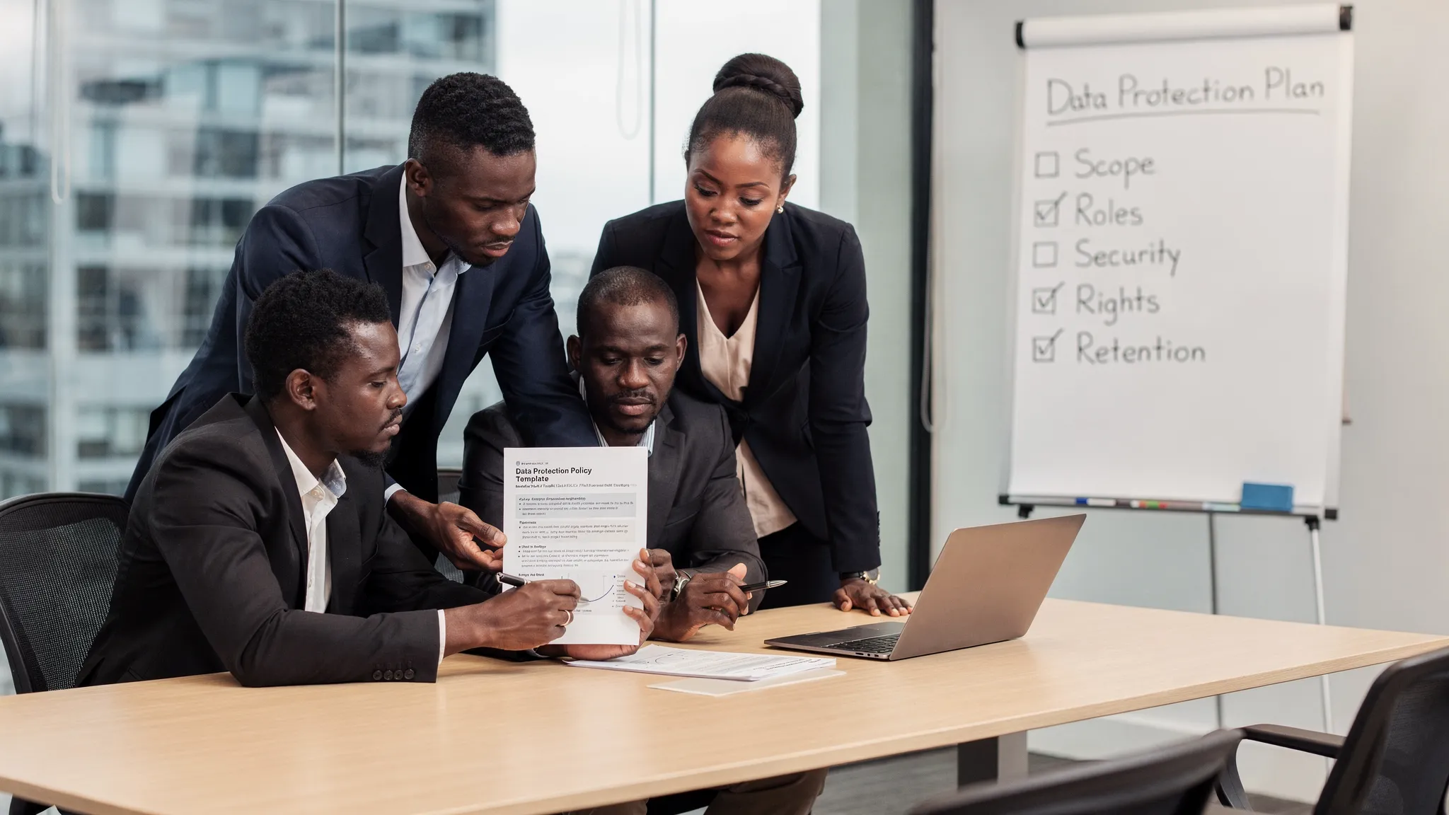 A Jamaican business team in a meeting room reviewing a printed data protection policy template alongside a laptop, with a simple checklist on a whiteboard labelled “Scope, Roles, Security, Rights, Retention,” conveying governance and compliance plann...