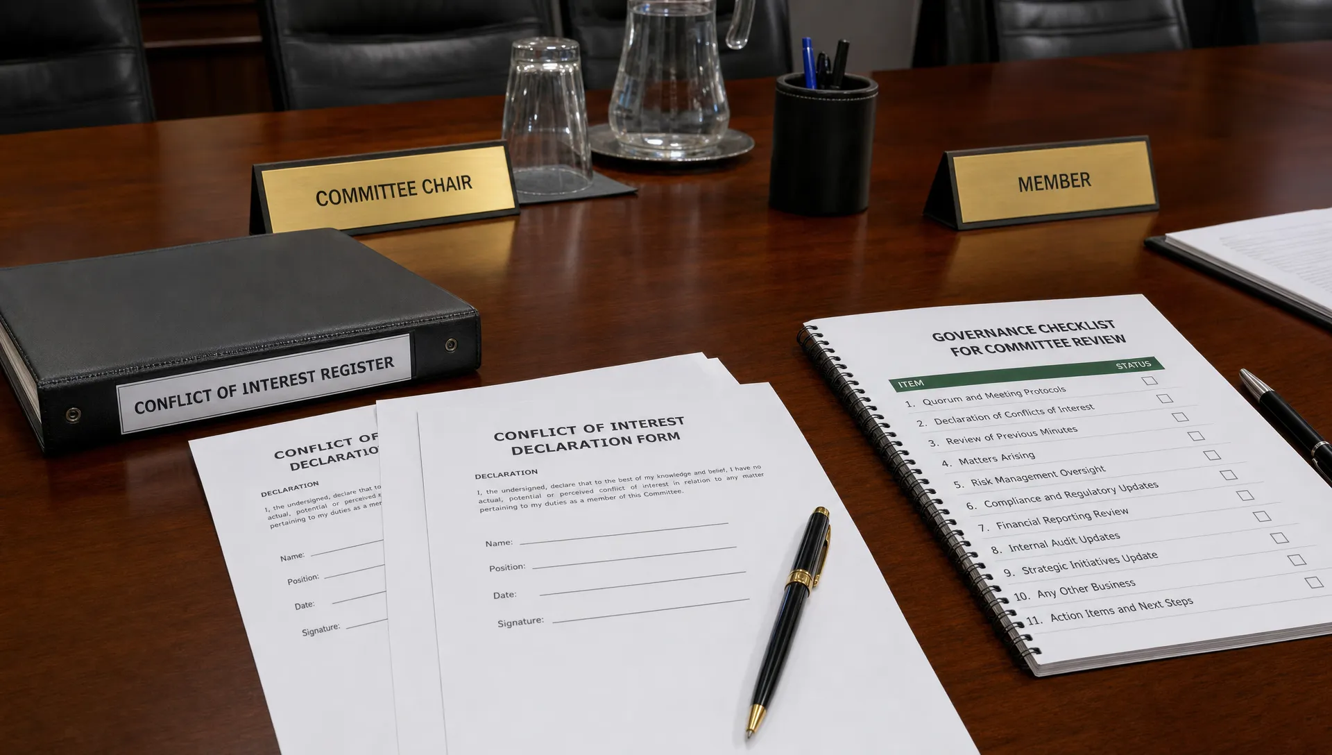 A boardroom table holds conflict of interest declaration forms, a register binder, nameplates, pens, and a governance checklist for committee review.