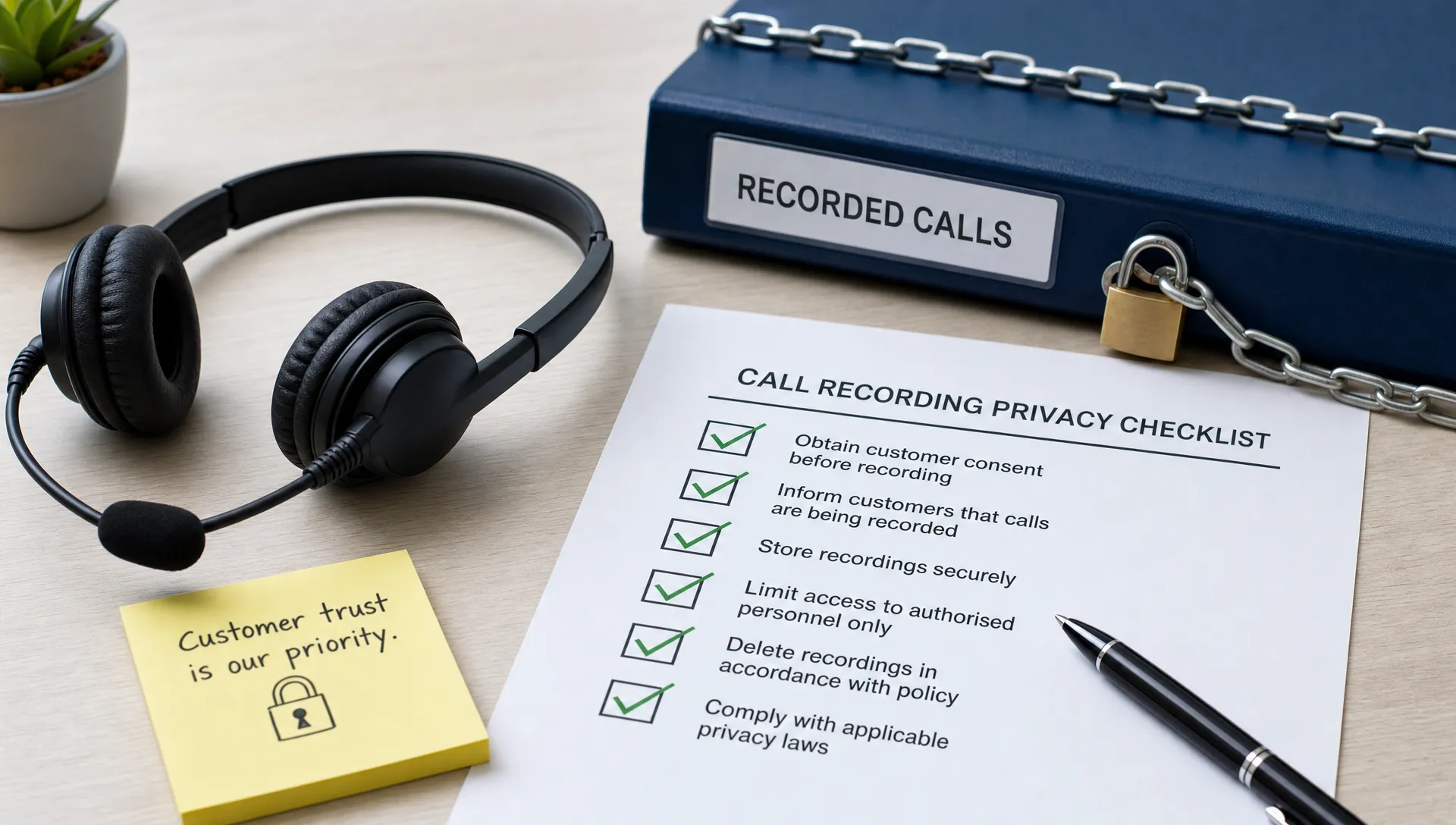 A customer service headset sits beside a locked folder and a privacy checklist on a desk, showing secure handling of recorded calls.