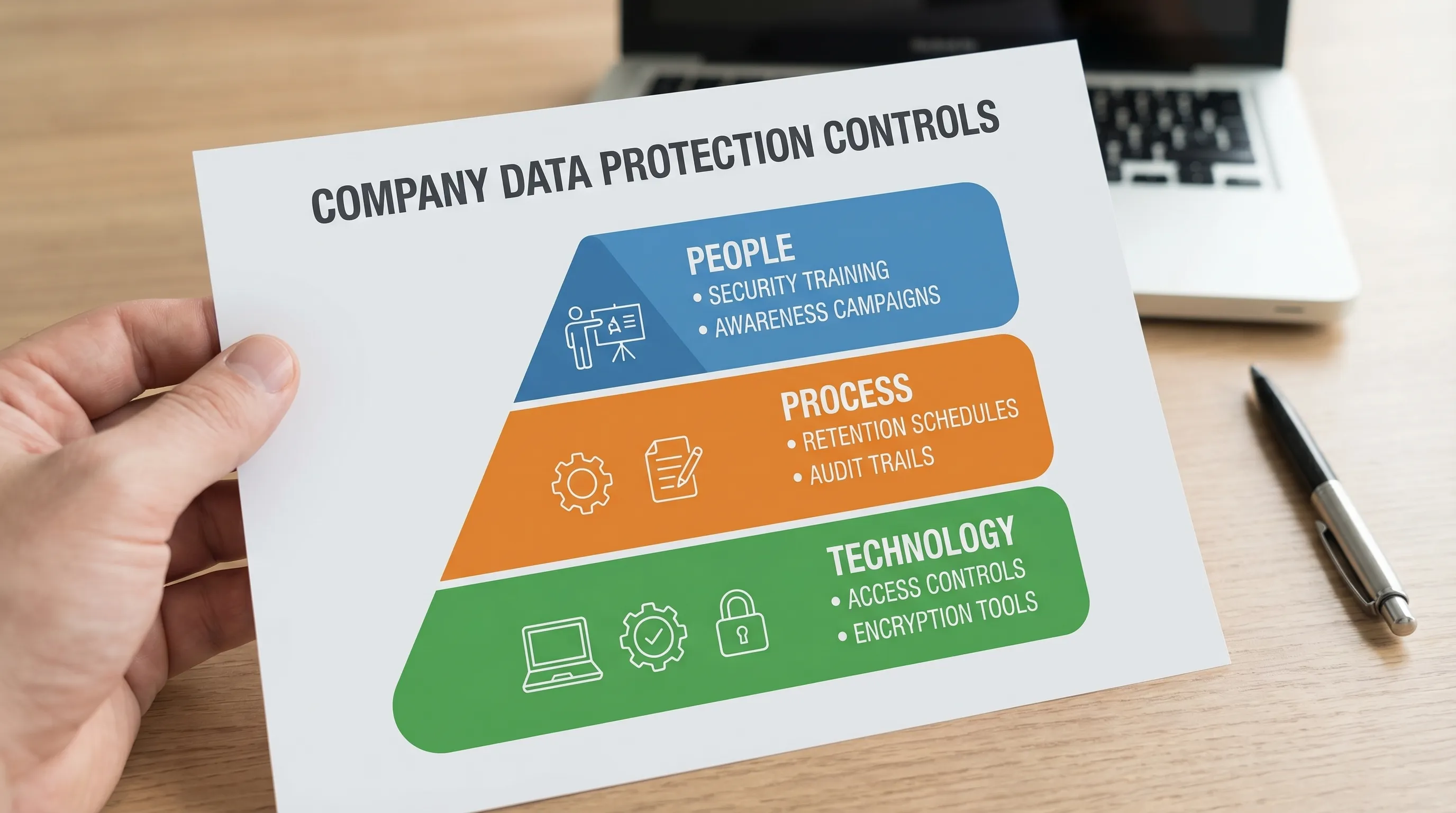 A simple three-layer illustration showing company data protection controls across people, process, and technology, with examples in each layer such as training (people), retention schedules (process), and access controls (technology).