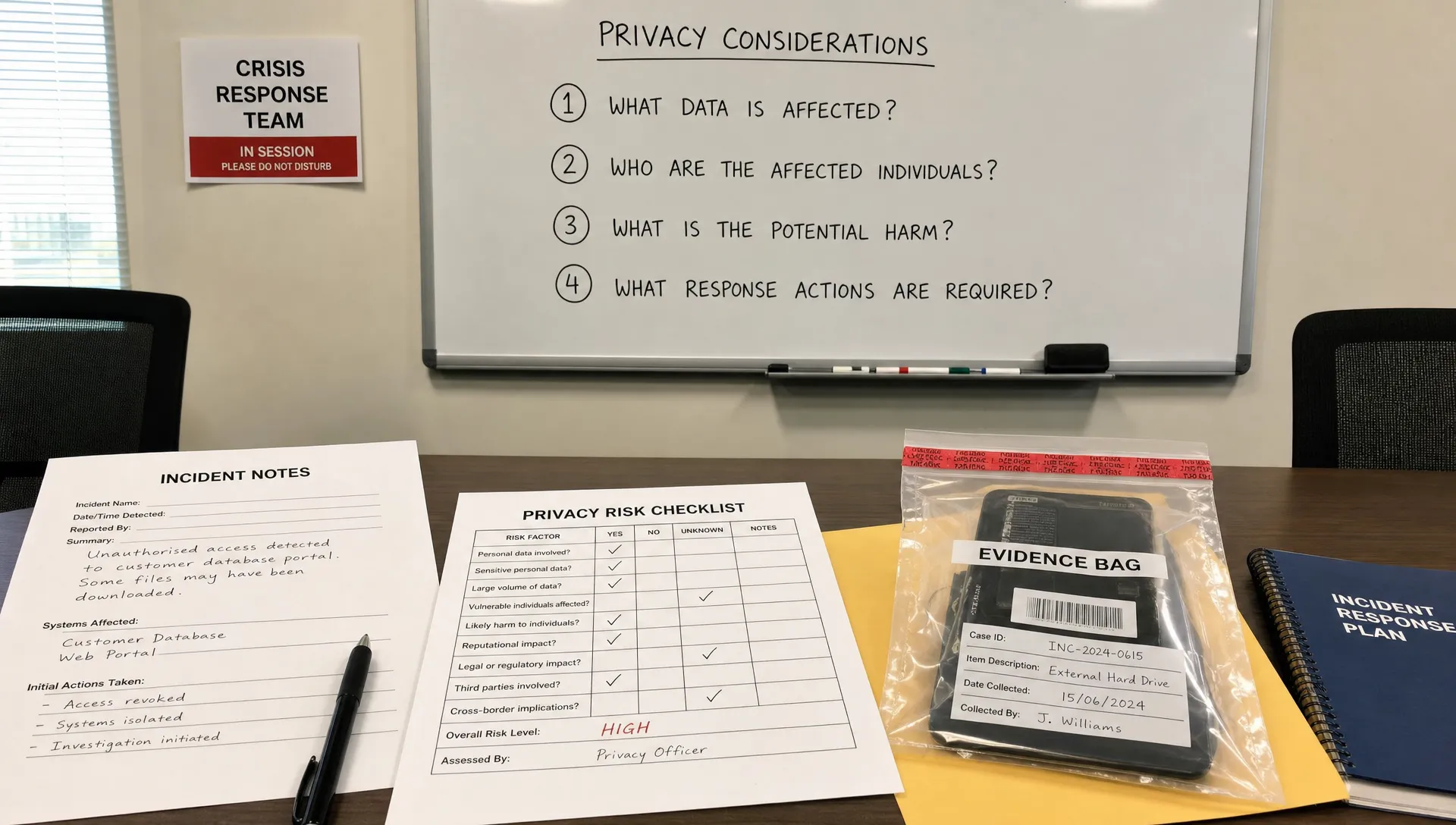 A crisis response table with printed incident notes, a risk checklist, a sealed evidence bag, and a whiteboard showing simple privacy questions about affected data, individuals, harm, and response actions.