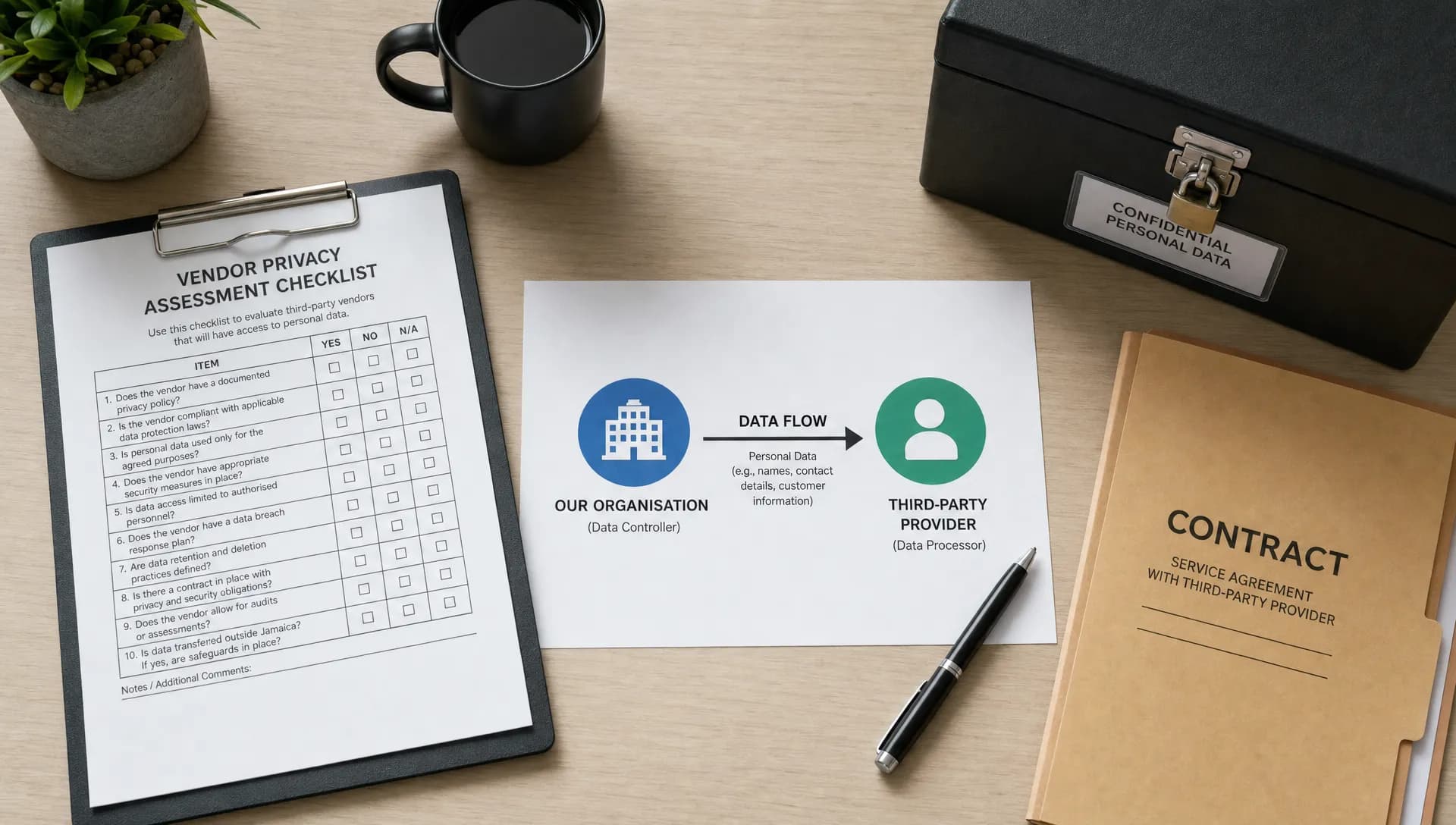 A desk with a vendor privacy assessment checklist, a contract folder, a locked file box, and simple data flow arrows showing information moving from an organisation to a third-party provider, viewed from overhead on a clean office table.