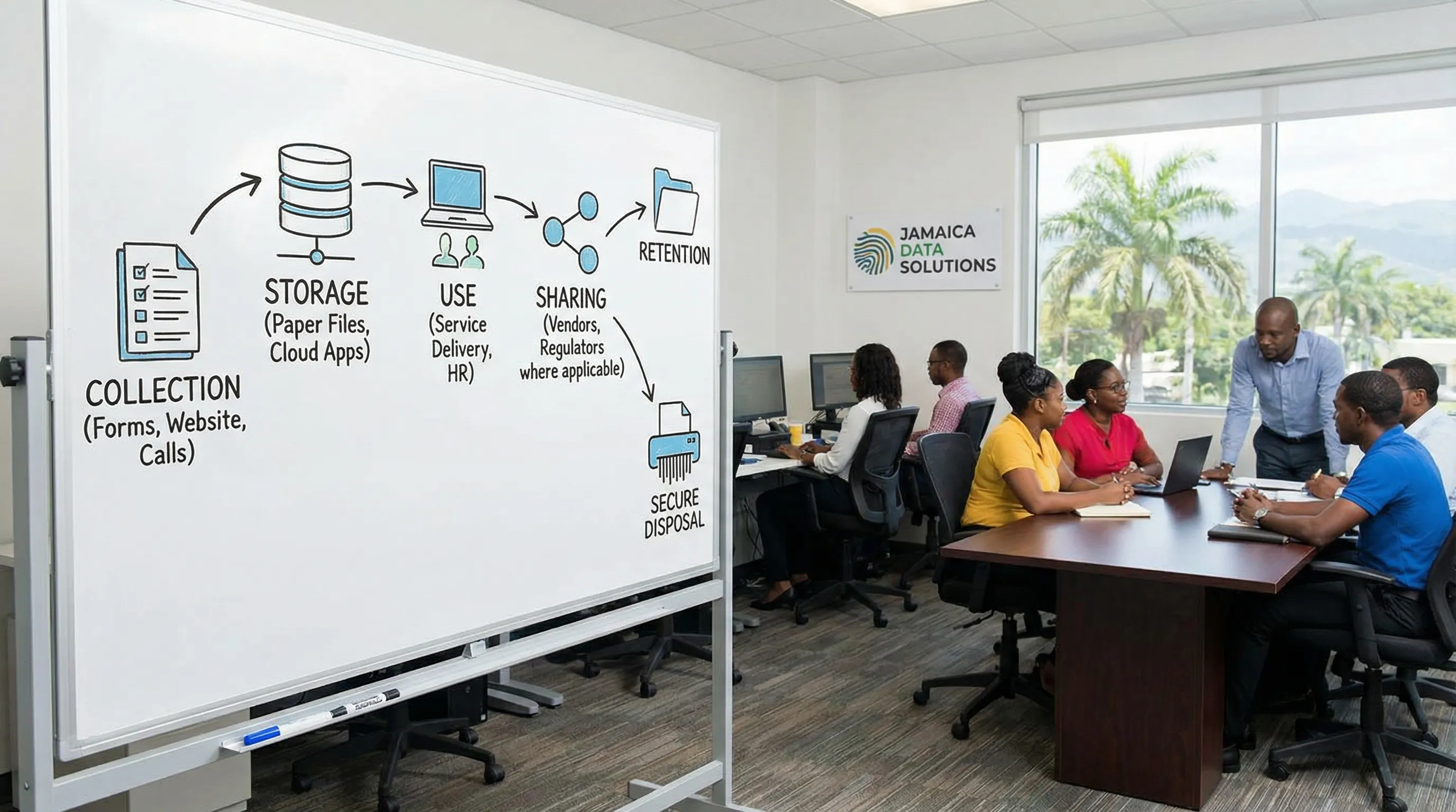 A simple data lifecycle illustration showing how personal data moves through a Jamaican company: collection (forms, website, calls), storage (paper files, cloud apps), use (service delivery, HR), sharing (vendors, regulators where applicable), retent...