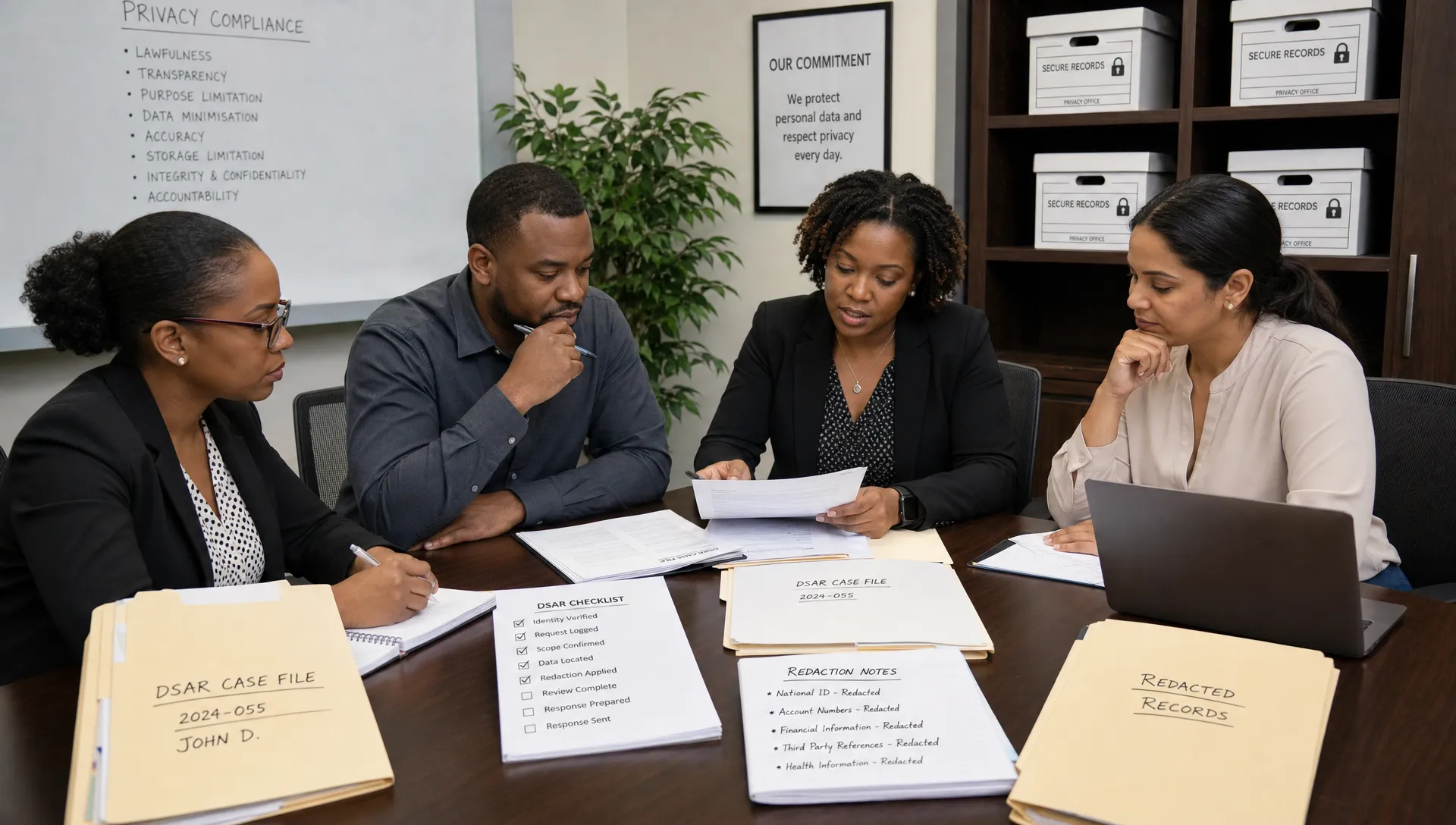 A privacy compliance team reviews a DSAR case file on a conference table with folders, a checklist, redaction notes and secure records storage in the background.