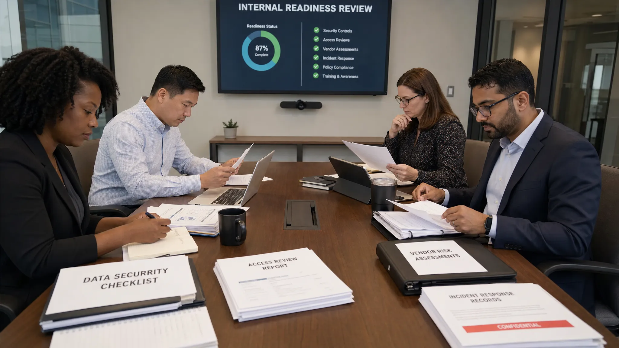 A compliance team reviewing data security checklists, access reports, vendor files, and incident response records on a conference table during an internal readiness review.