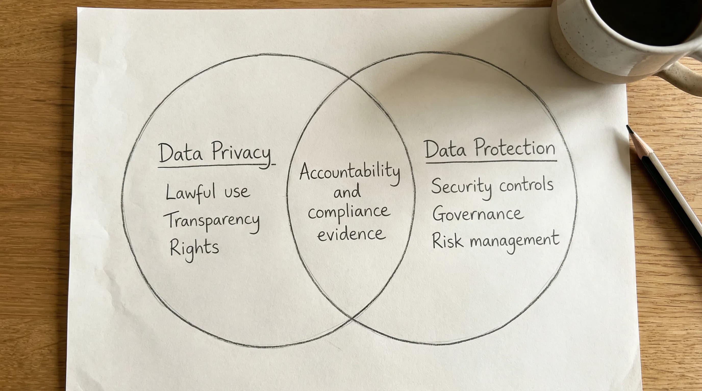 A simple two-circle Venn diagram showing “Data Privacy” (lawful use, transparency, rights) and “Data Protection” (security controls, governance, risk management) with an overlap labelled “Accountability and compliance evidence.”