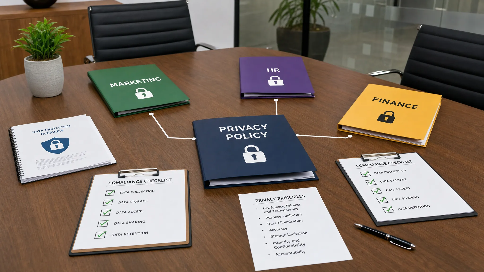 A conference table with three labelled folders for Marketing, HR, and Finance connected to a central privacy policy folder, with documents, lock icons, and compliance checklists arranged neatly around them, seen from a side angle in a meeting room wi...