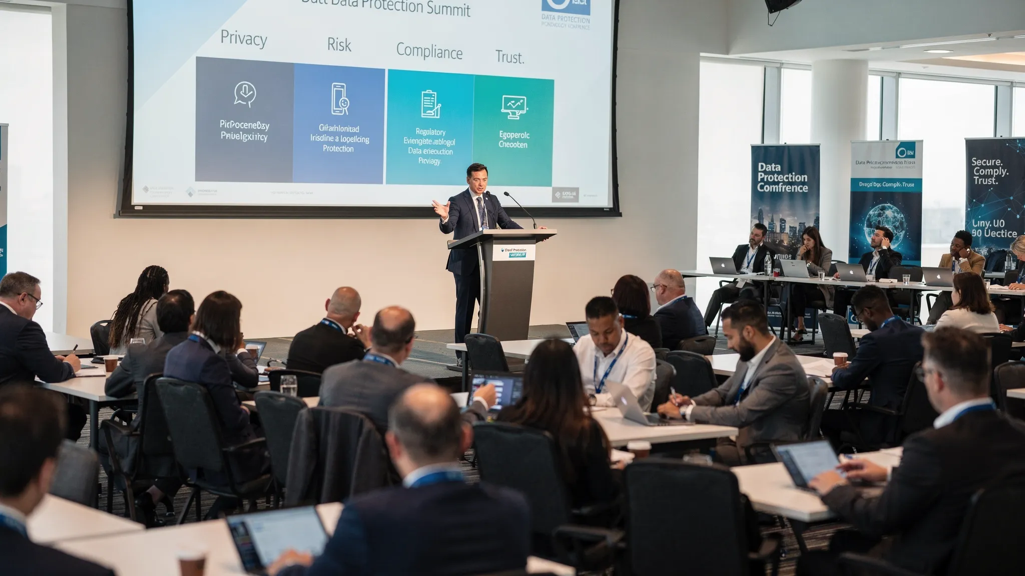 A professional data protection conference setting with a speaker at a podium and a slide showing privacy, risk, and compliance themes, while attendees take notes and discuss in small groups.
