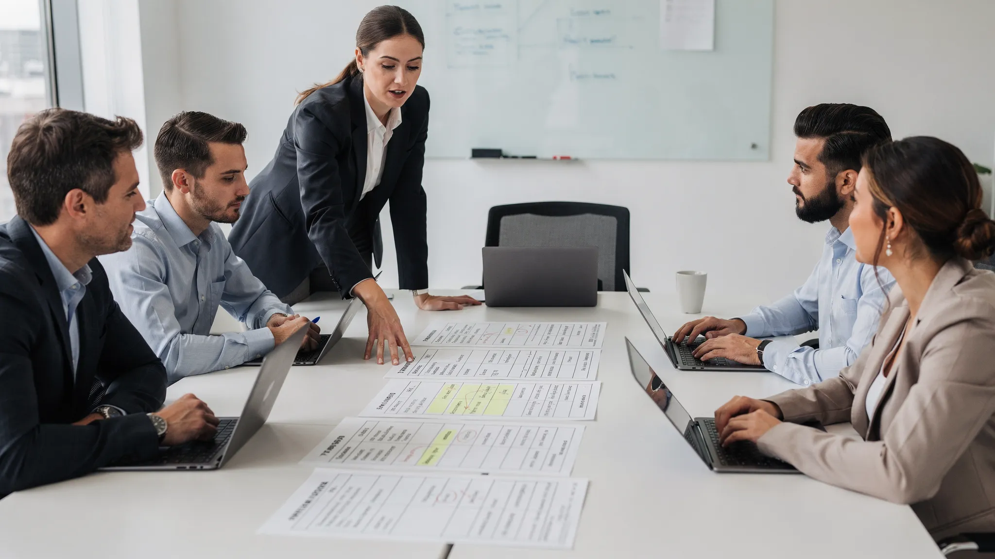 A workshop scene where a facilitator leads a small group of professionals reviewing a role-based privacy training matrix printed on paper, with laptops closed and attention on the discussion, representing an in-person training session in a corporate ...