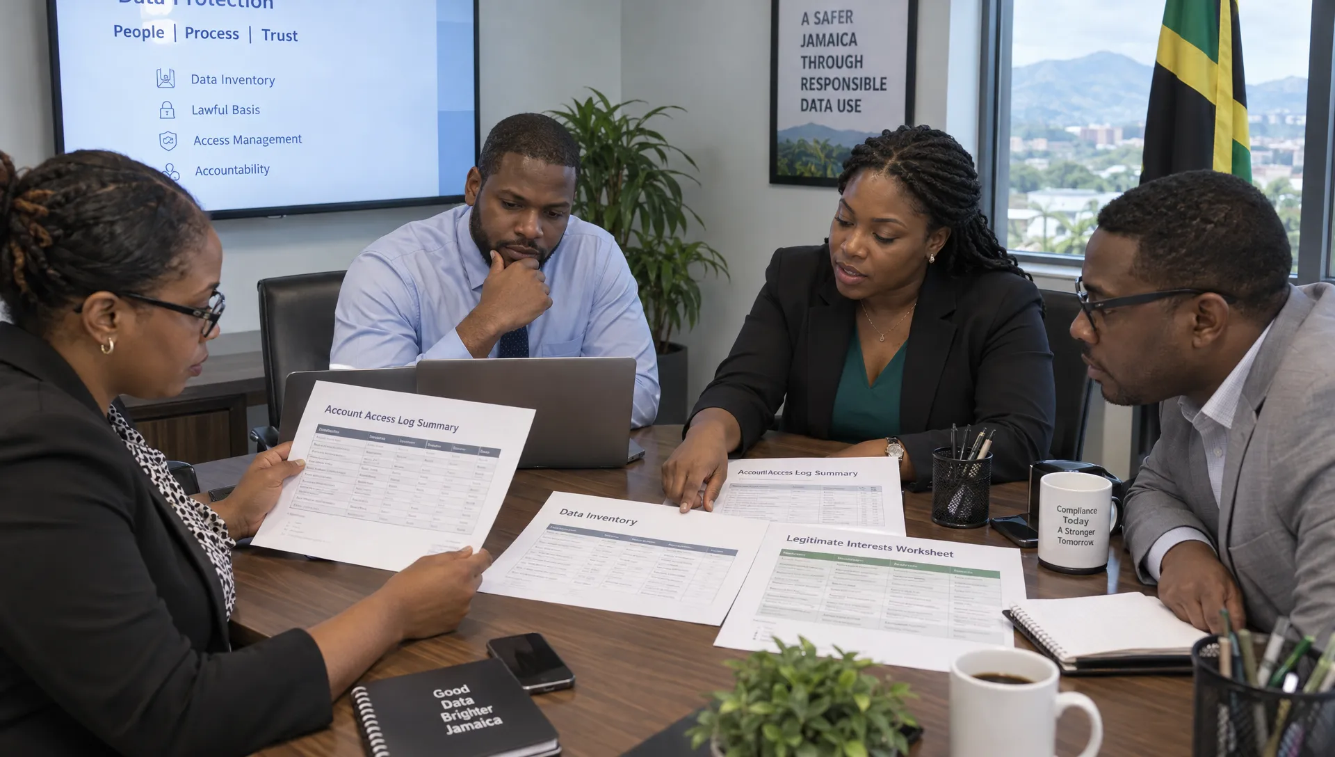 A Jamaican compliance team reviews an account access-log summary, data inventory and legitimate interests worksheet at a meeting table.