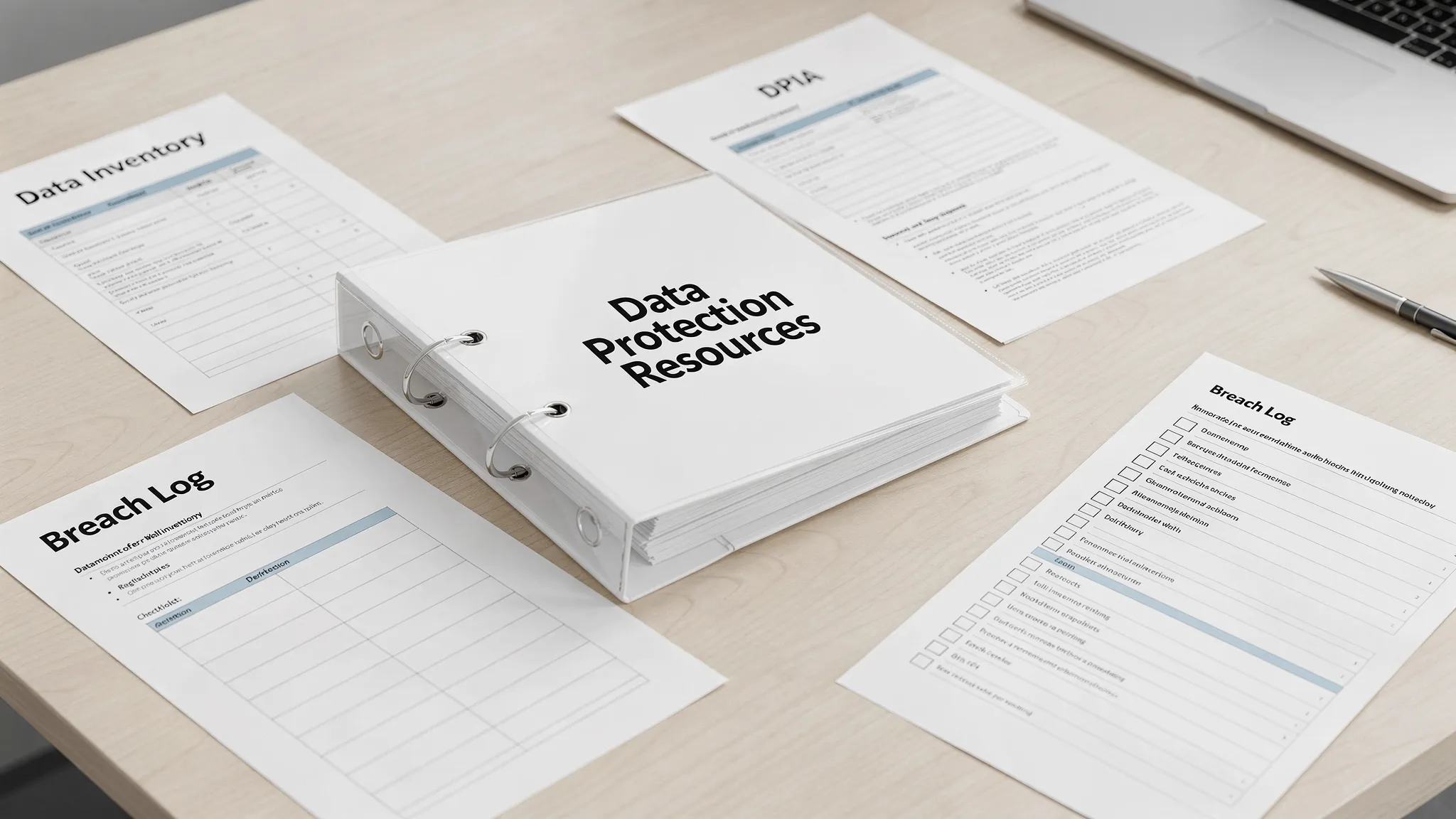 A clean desk scene with a privacy compliance binder labelled “Data Protection Resources”, alongside printed templates titled “Data Inventory”, “DPIA”, “Breach Log”, and a simple checklist page with tick boxes.