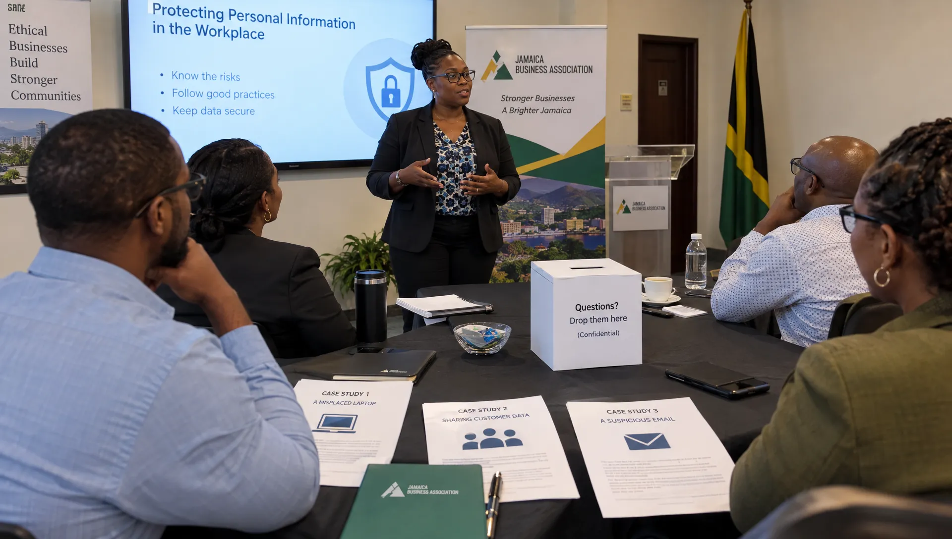 A facilitator leads a privacy seminar for a small group at a Jamaican business association, with fictional case-study handouts and a private question box on the tables.