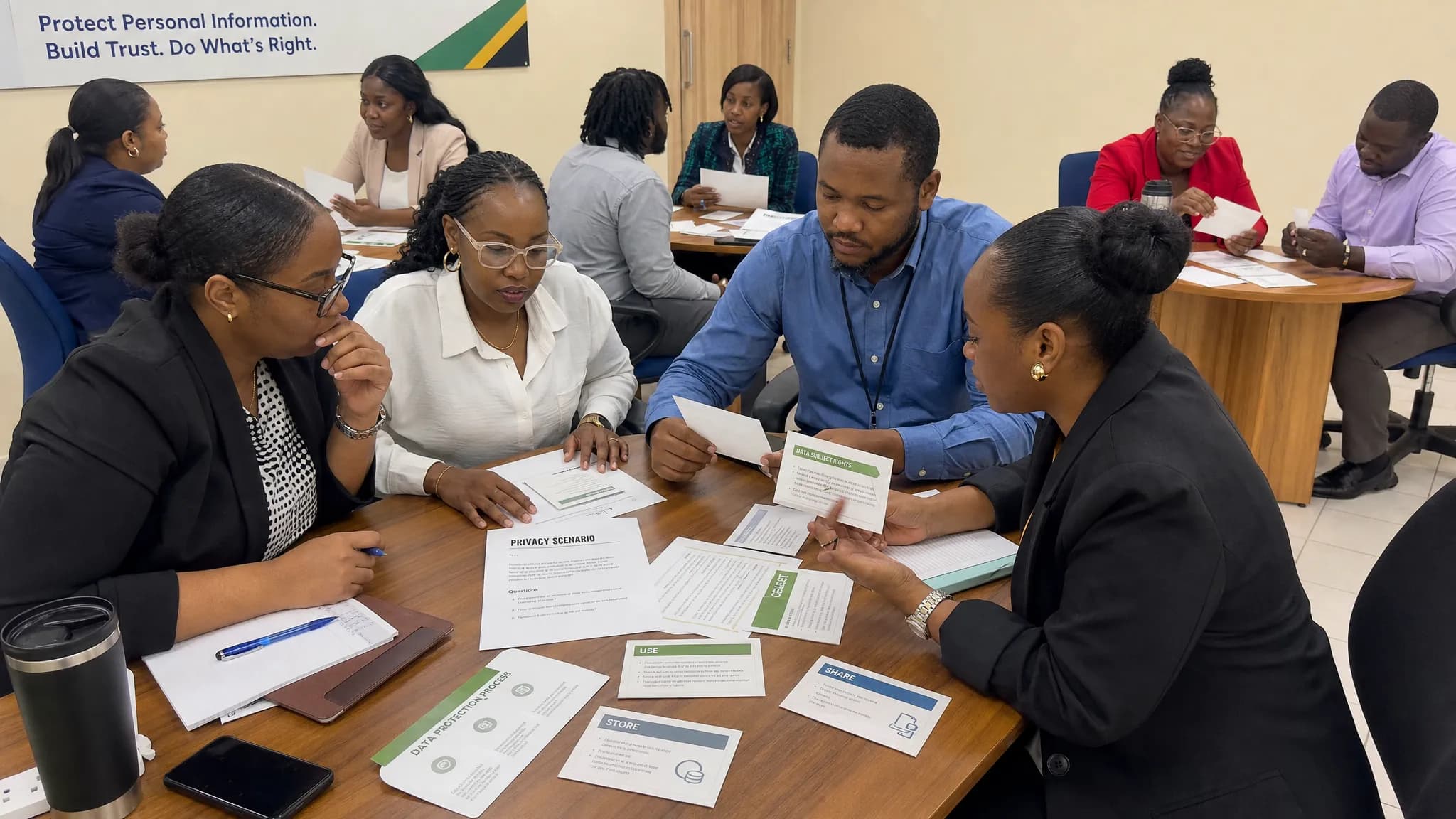 HR, IT, and customer service staff gathered in small groups around different tables, reviewing printed privacy scenarios and data protection process cards in a Jamaican office training room.