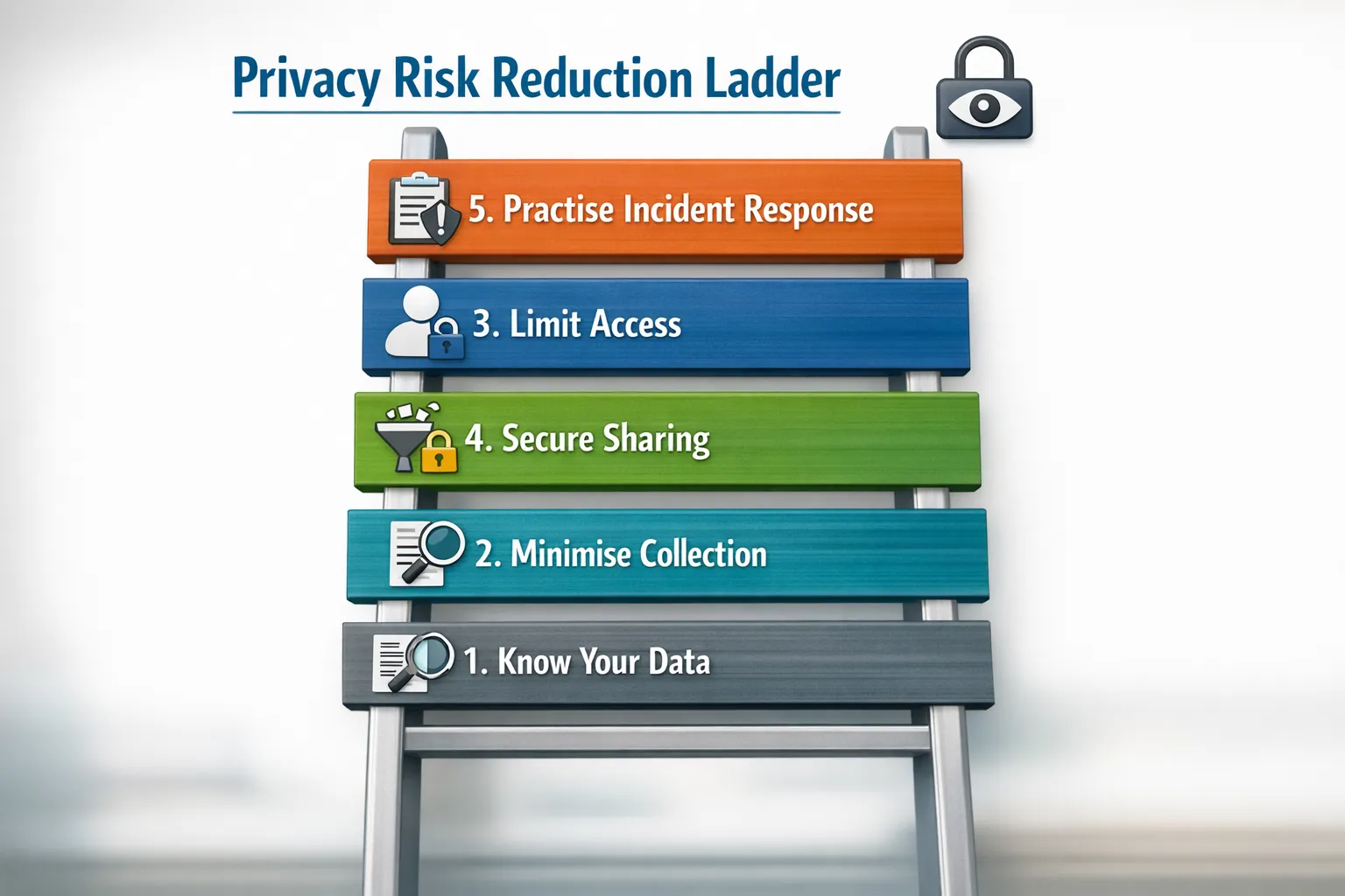 A simple five-step “privacy risk reduction ladder” infographic showing: 1) Know your data, 2) Minimise collection, 3) Limit access, 4) Secure sharing, 5) Practise incident response.