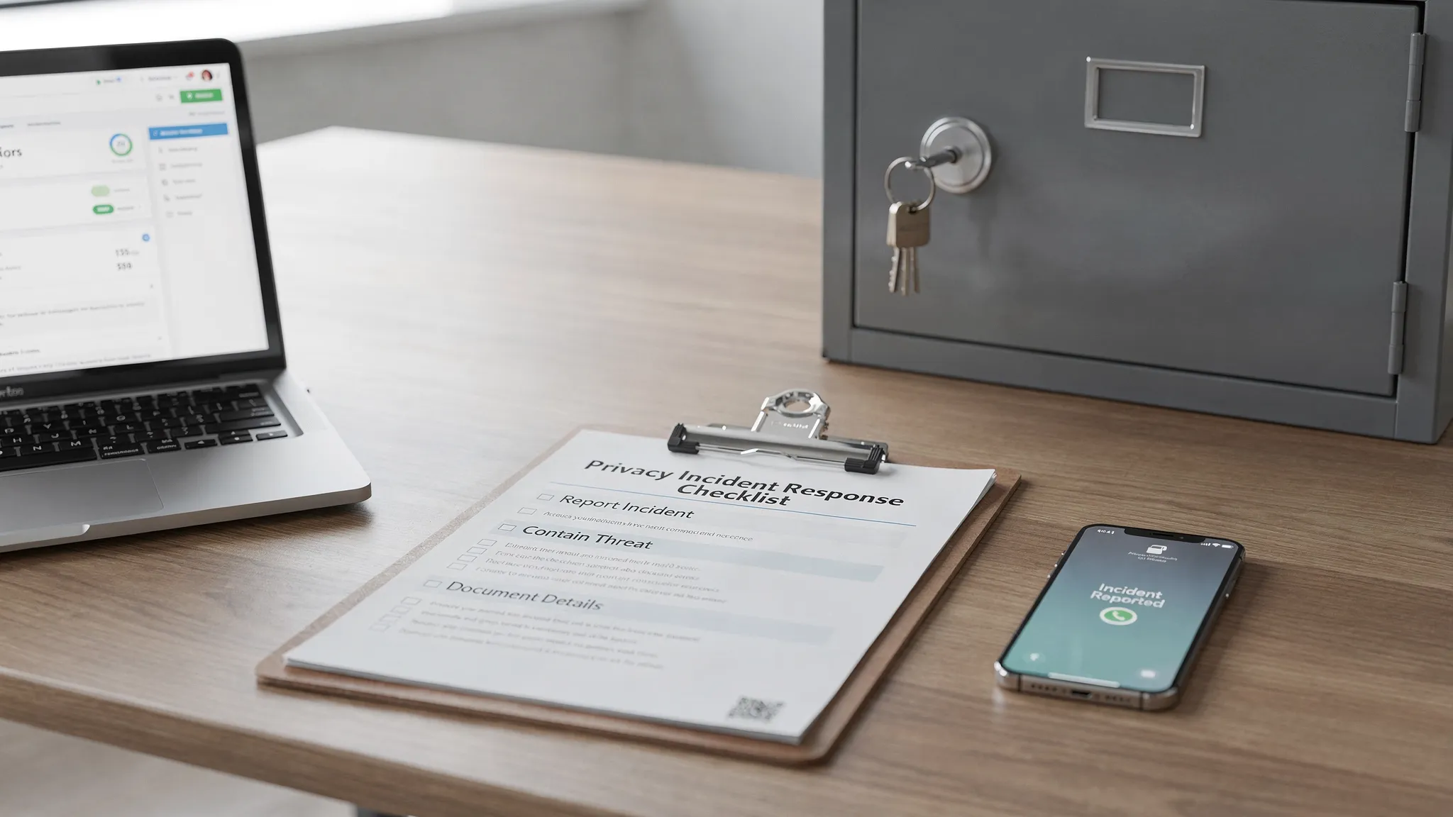 An office scene with a privacy incident response checklist on a clipboard beside a laptop, a phone, and a locked file cabinet, representing reporting, containment, and documentation.