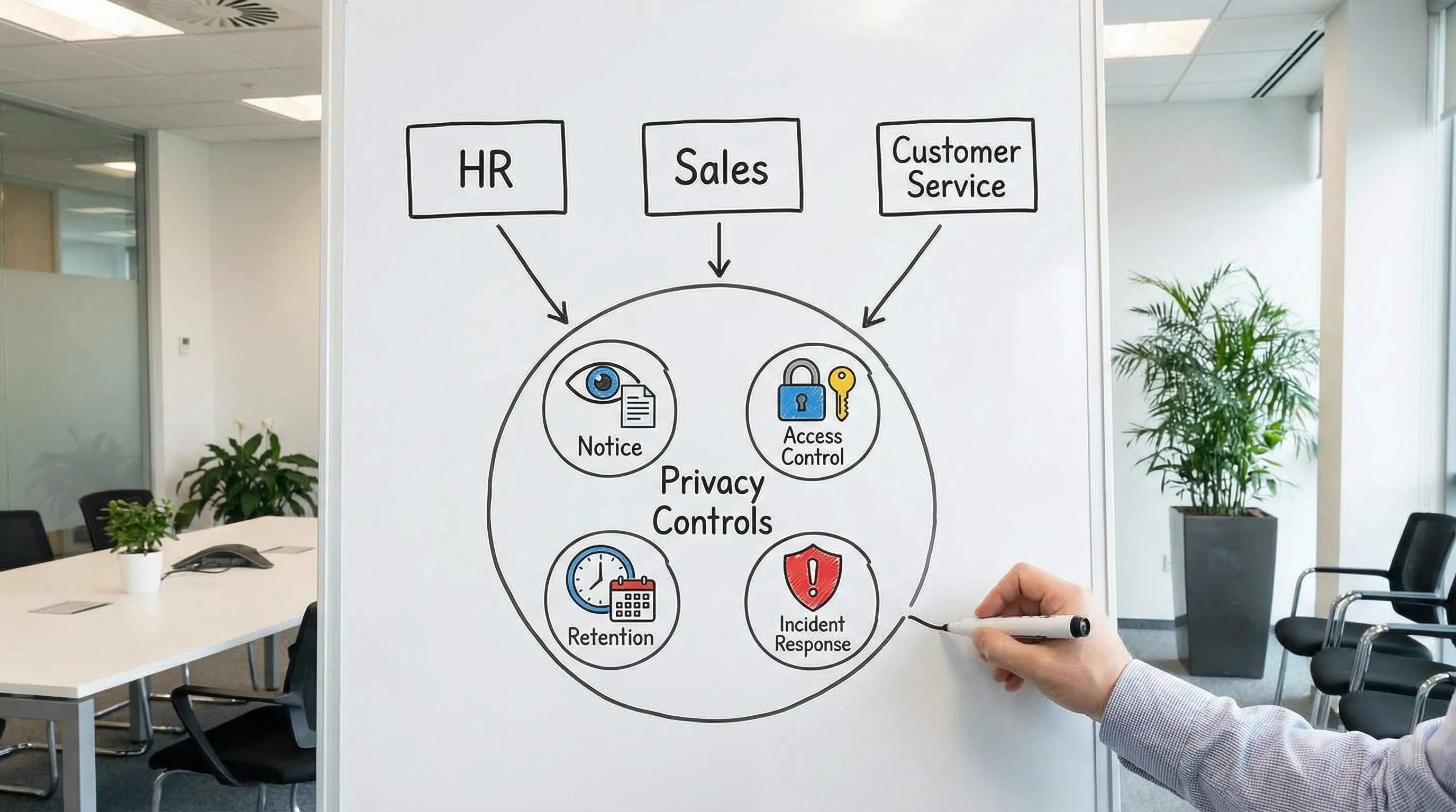 A simple flow illustration showing three departments (HR, Sales, Customer Service) feeding into a central “Privacy Controls” hub with icons for notice, access control, retention, and incident response.