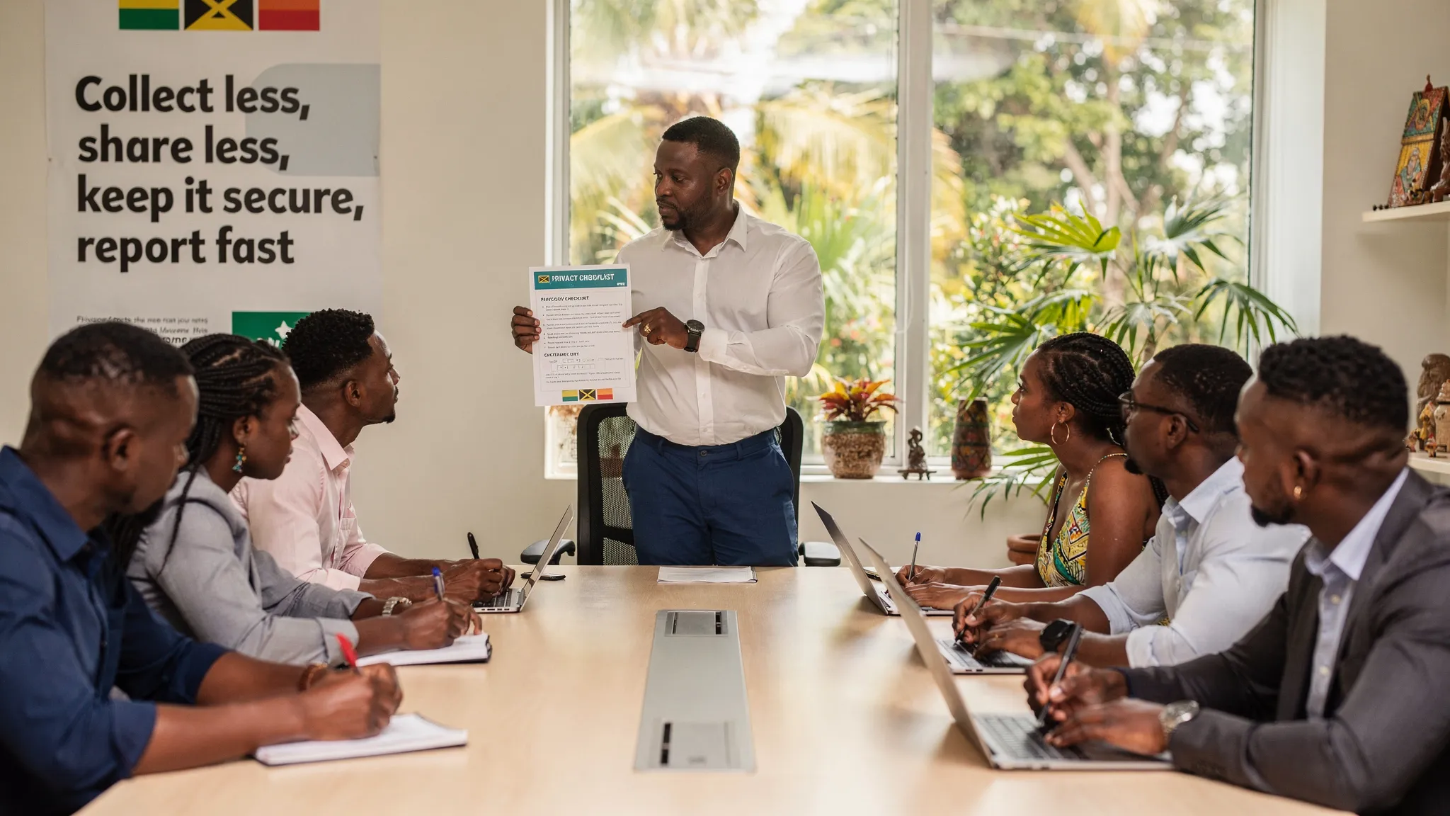 A team meeting in a Jamaican office where a manager is reviewing a simple one-page privacy checklist with staff; a wall poster summarizes “Collect less, share less, keep it secure, report fast,” and employees are discussing a customer request scenari...