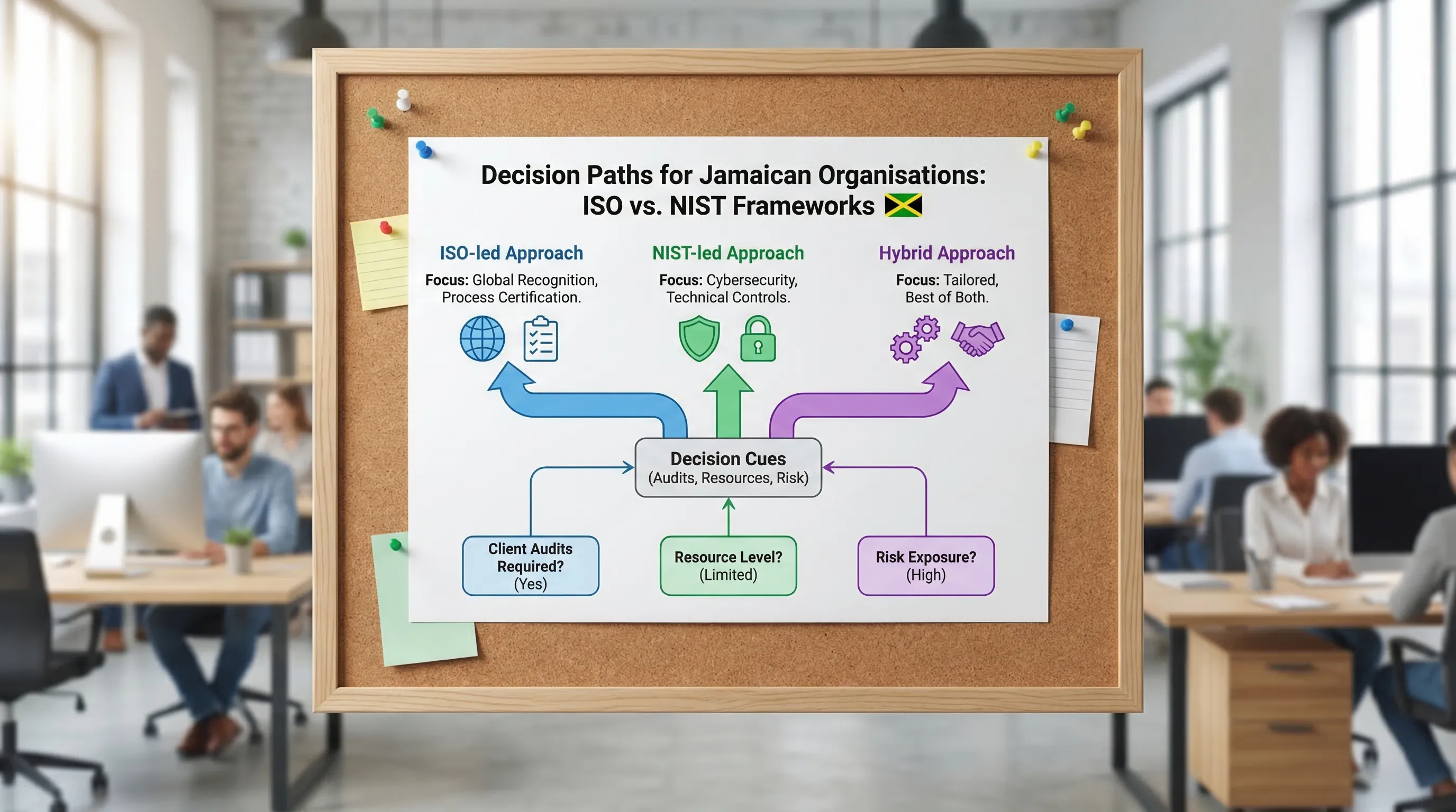 A simple decision graphic comparing ISO and NIST for Jamaican organisations, showing three paths: ISO-led, NIST-led, and a hybrid approach, with decision cues like client audits, resource level, and risk exposure.