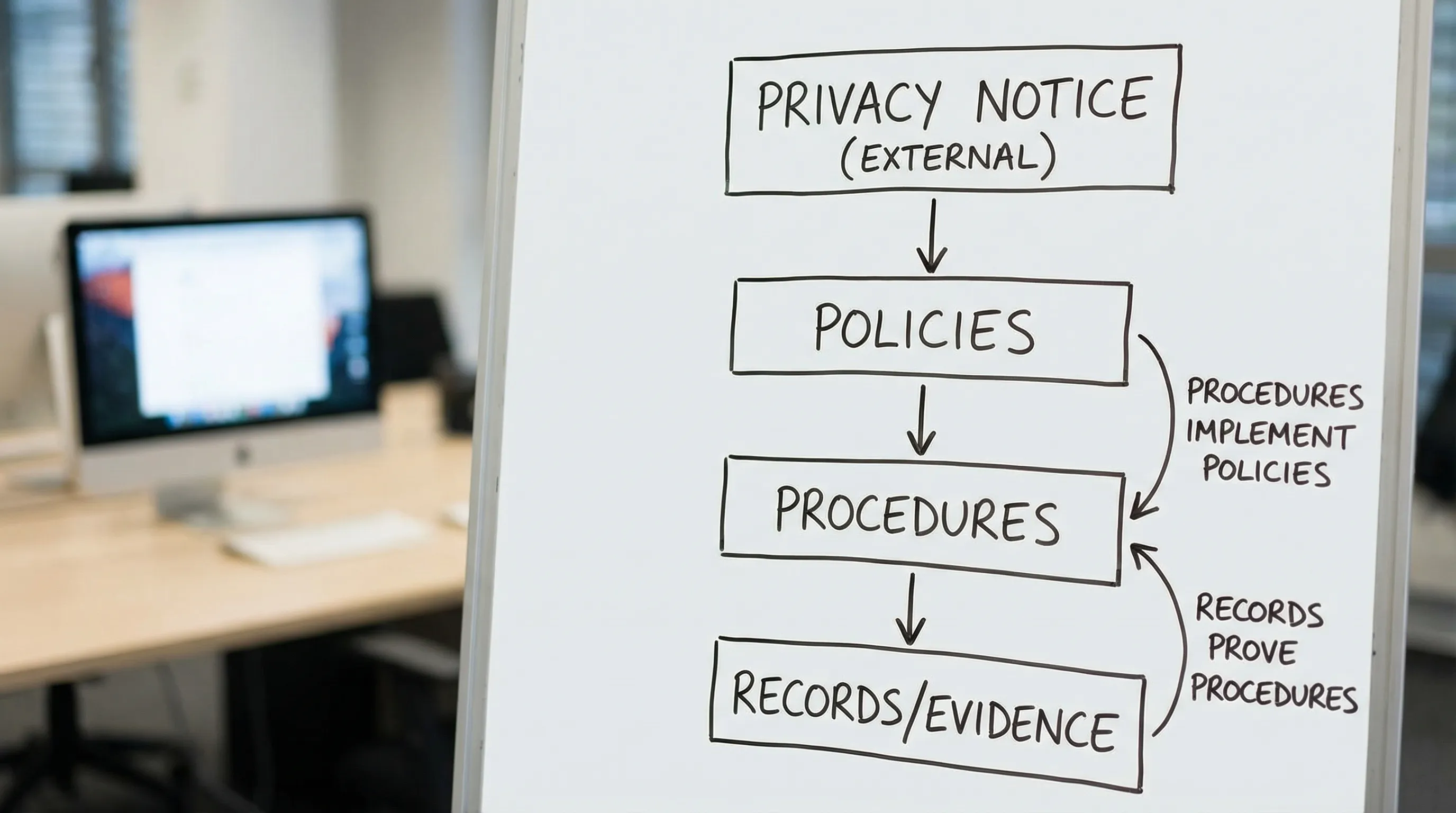A simple diagram showing a compliance documentation hierarchy: Privacy Notice (external) at the top, then Policies, then Procedures, then Records/Evidence at the bottom, with arrows indicating that records prove procedures and procedures implement po...