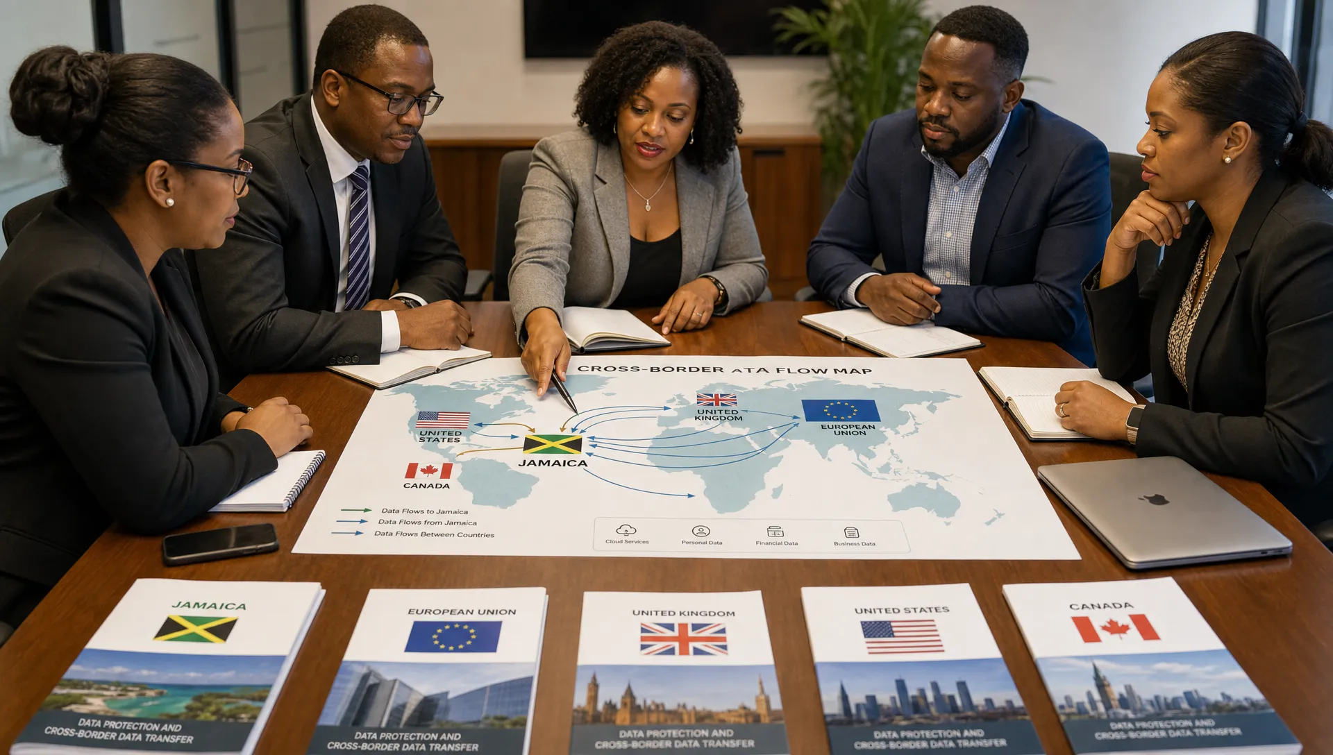 A Jamaican business team reviews a cross-border data flow map on a conference table with documents for Jamaica, the European Union, the United Kingdom, the United States, and Canada.