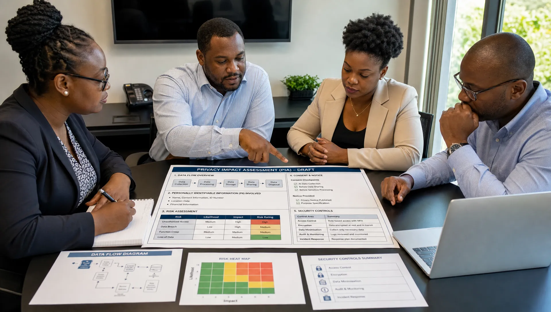 A project team reviews a PIA draft on a conference table with data flow notes, risk ratings, consent checkpoints, and security control summaries.