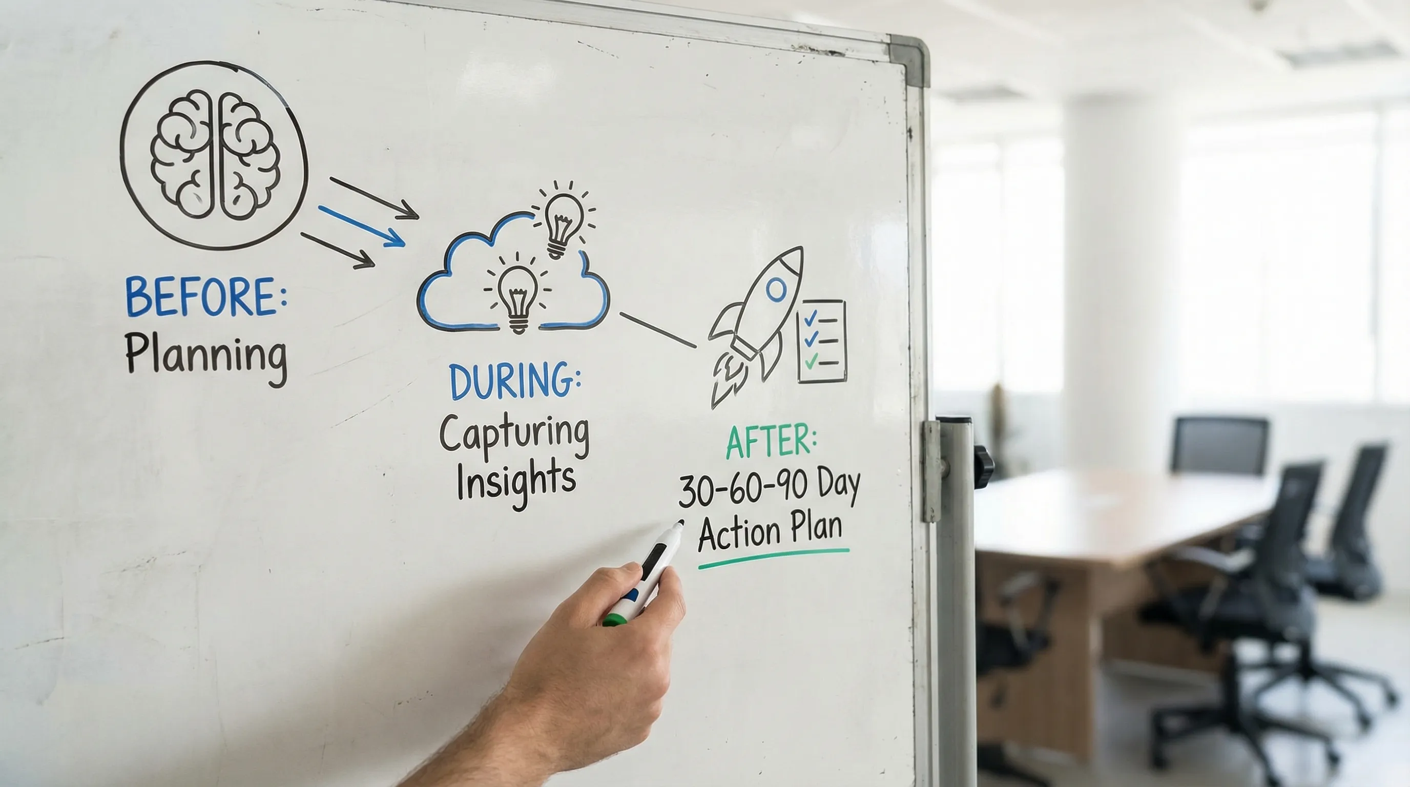 A simple three-stage diagram labeled Before, During, After, with icons for planning, capturing insights, and implementing a 30-60-90 day action plan.