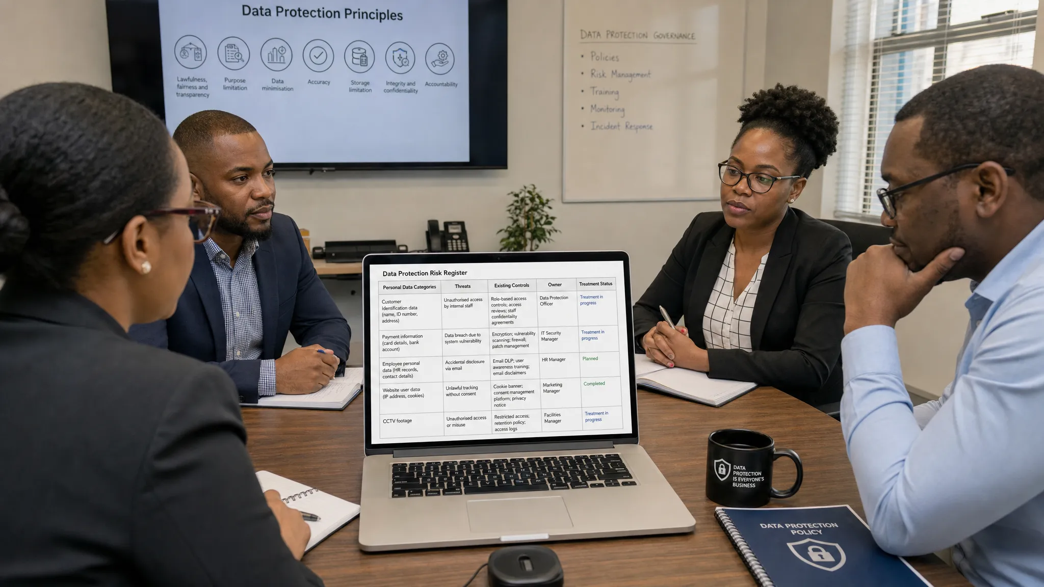 A compliance team reviewing a data protection risk register on a conference table, with columns for personal data categories, threats, controls, owners, and treatment status.