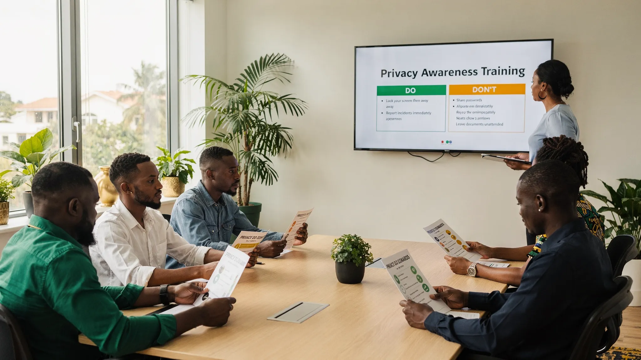 A small group of employees in a Jamaican office attending a privacy awareness training session, reviewing a one-page “do and don’t” scenario handout.