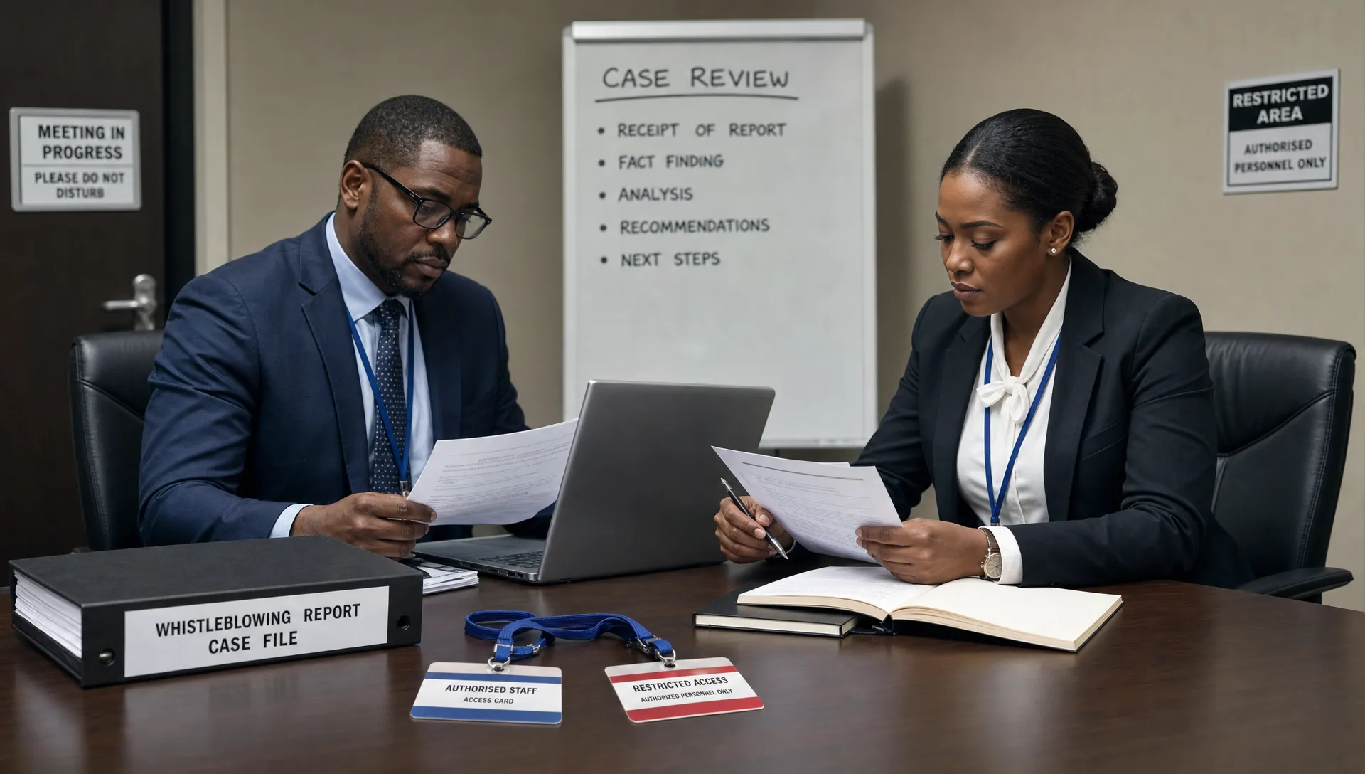 A whistleblowing report file, restricted access cards and authorised staff reviewing case documents in a private meeting room.