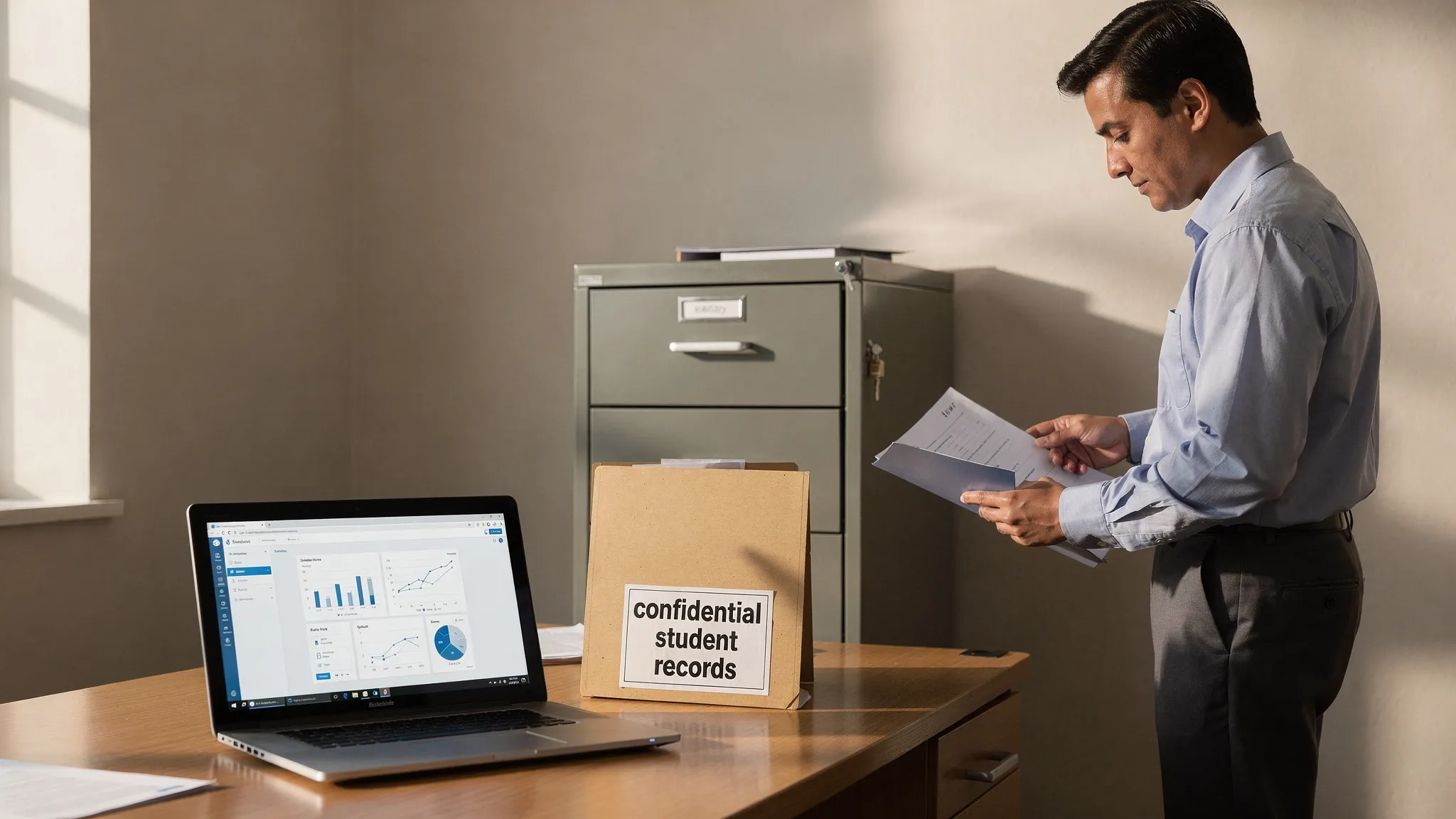A school administrative office with locked filing cabinets, a laptop on a desk, a “confidential student records” label on a folder, and a staff member securing documents before leaving.