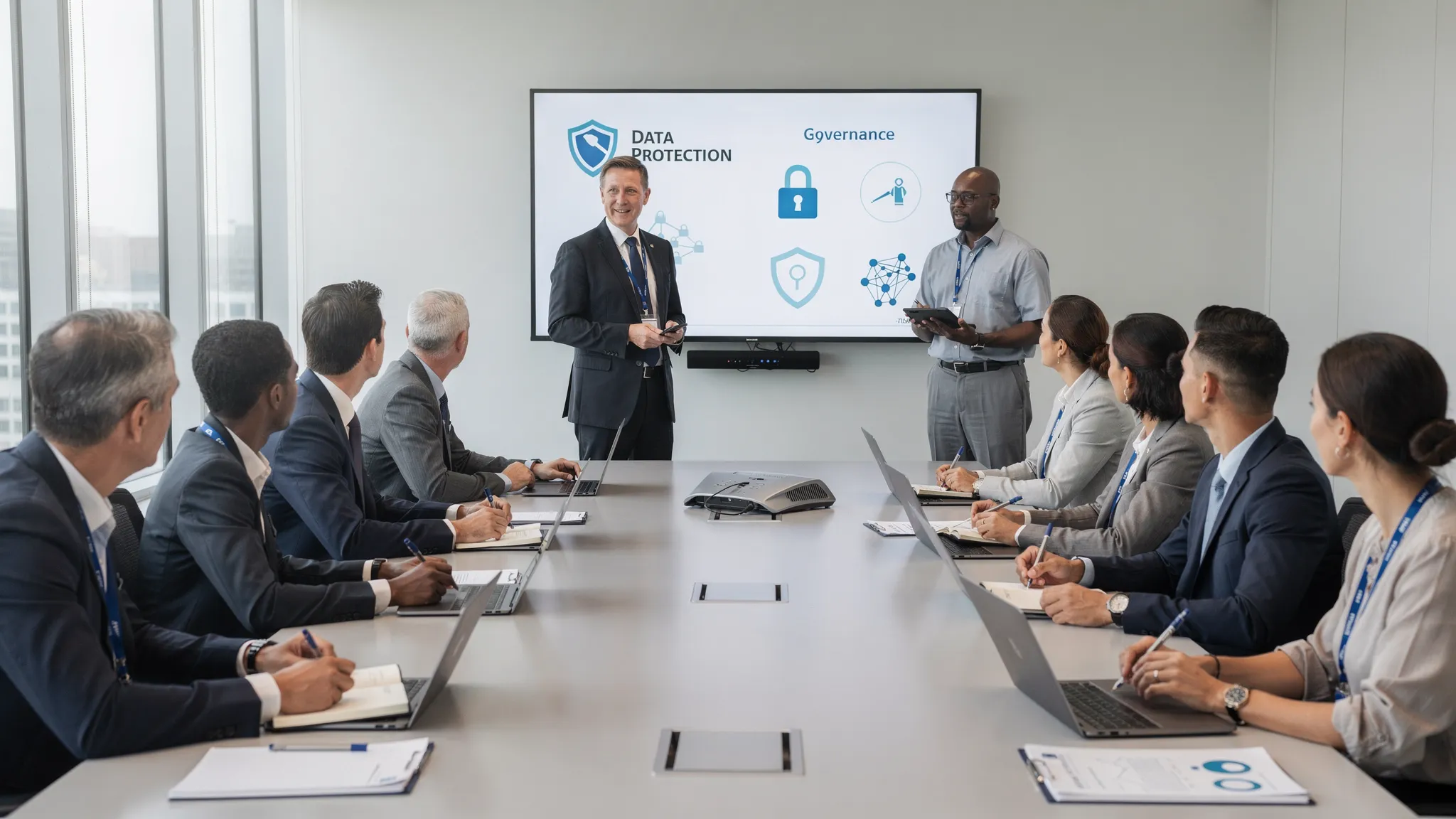 A professional compliance and privacy training session with attendees seated in a conference room, notebooks open, listening to a presenter discussing data protection, governance, and cybersecurity topics.