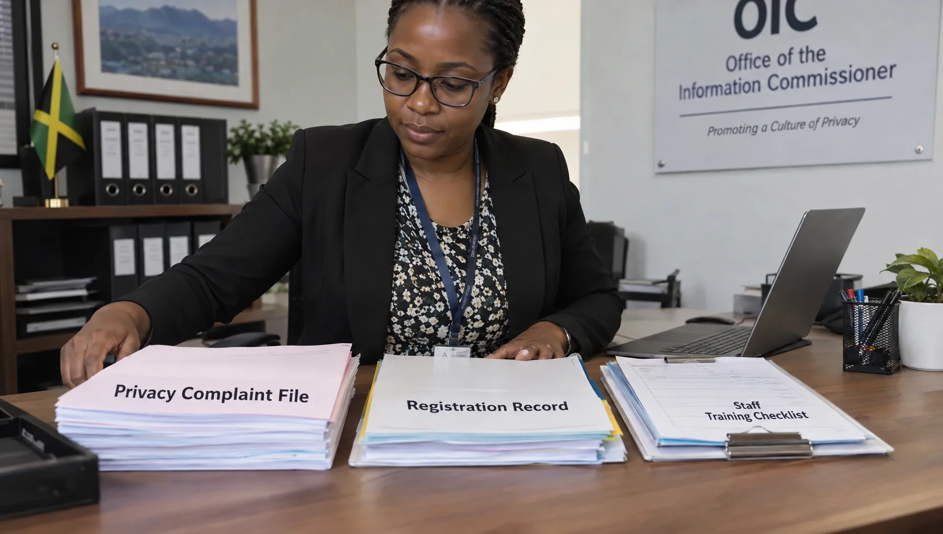 A compliance officer gathers a privacy complaint file, registration record and staff training checklist to prepare for OIC oversight.