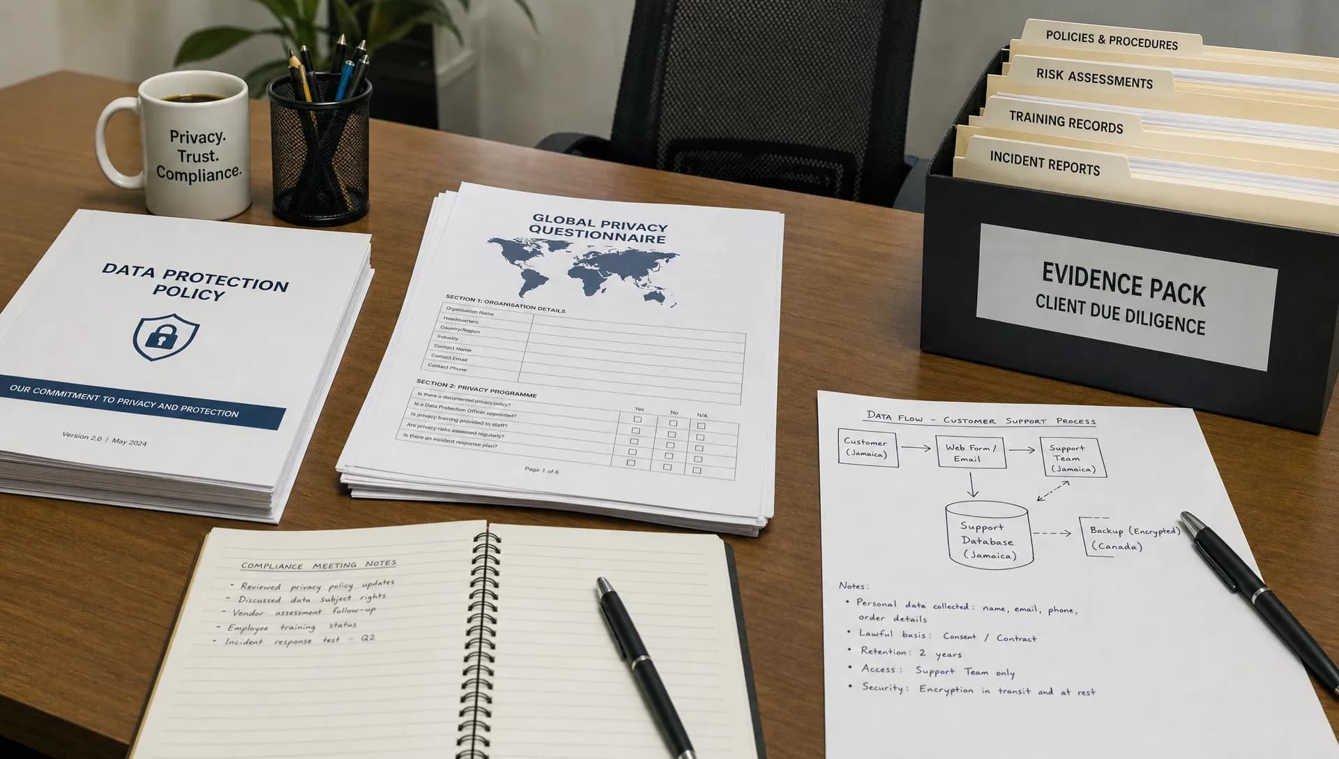 A compliance team table with printed policies, a global privacy questionnaire, data flow notes, and evidence folders prepared for client due diligence.