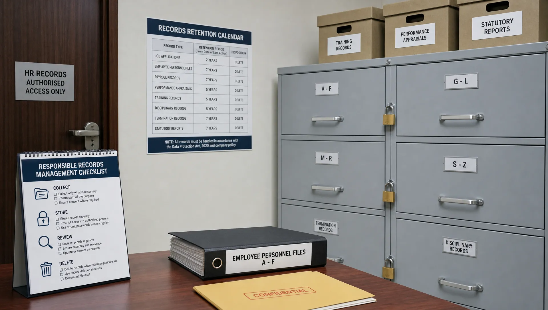 A secure HR records room showing locked employee files, a retention calendar and a checklist for collecting, storing, reviewing and deleting staff information responsibly.