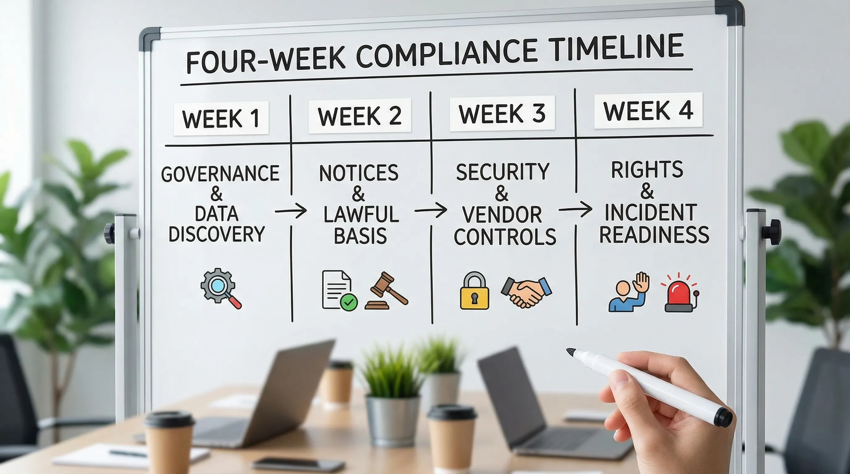 A simple four-week timeline showing Week 1 governance and data discovery, Week 2 notices and lawful basis, Week 3 security and vendor controls, Week 4 rights and incident readiness.