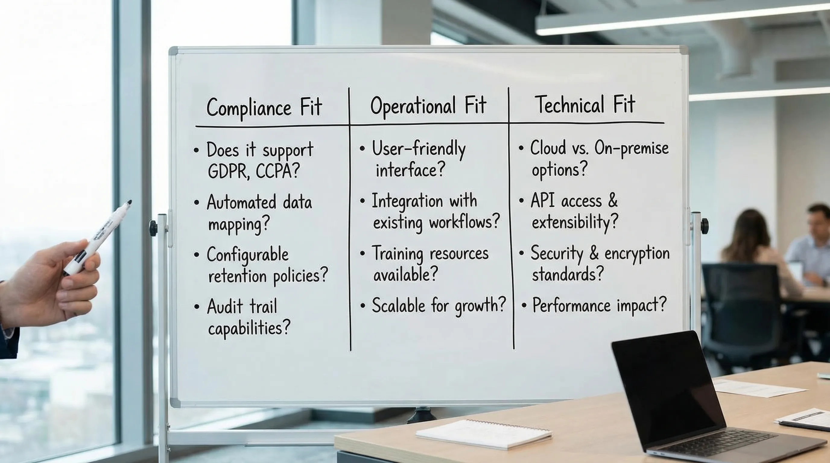 A simple decision matrix for selecting a privacy management solution, showing three columns labelled Compliance Fit, Operational Fit, and Technical Fit, with example evaluation questions under each.