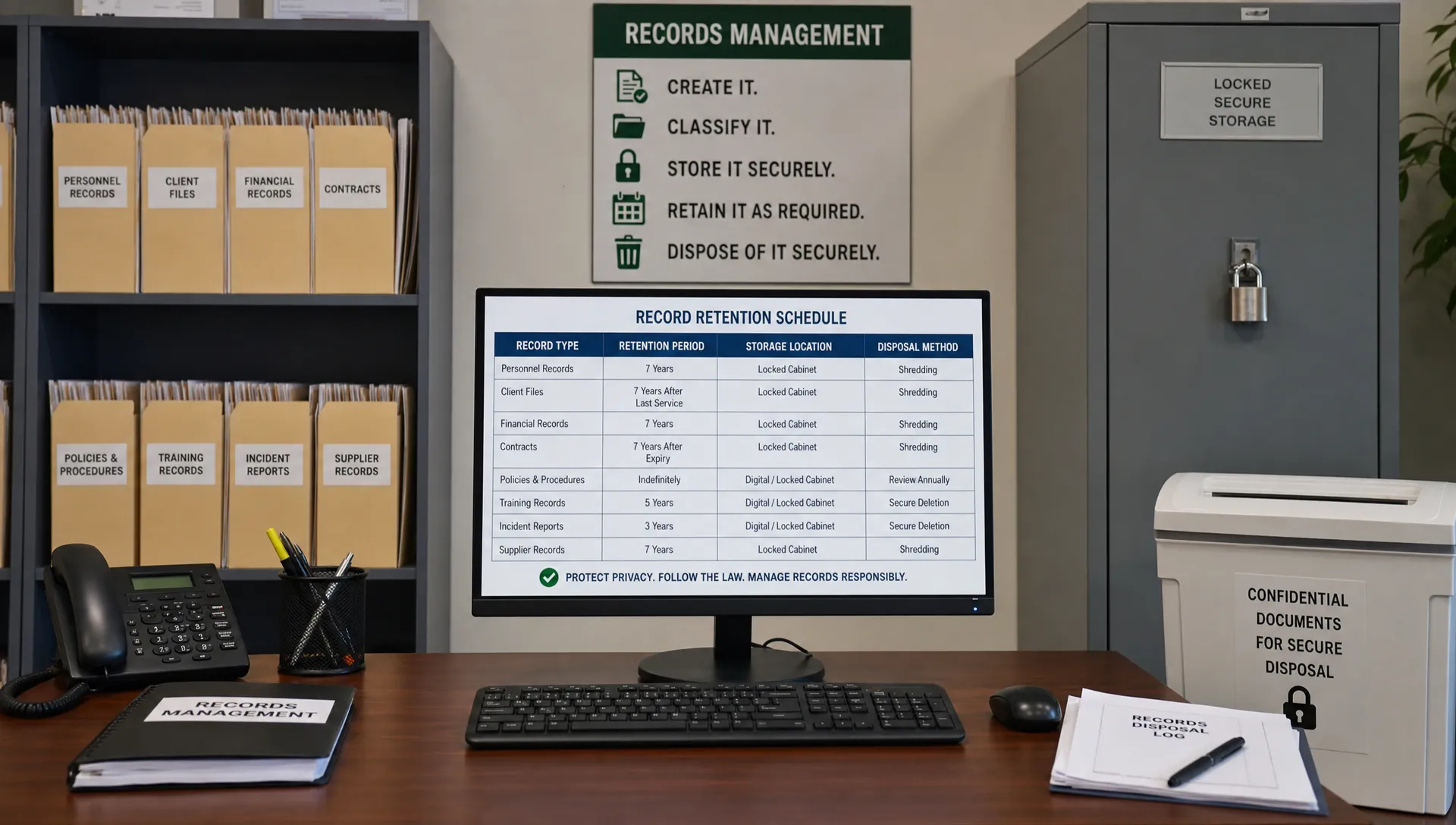 A secure records management workspace showing labelled folders, locked storage, and a simple digital retention schedule on a computer screen facing the camera, representing organised privacy compliance and controlled disposal.