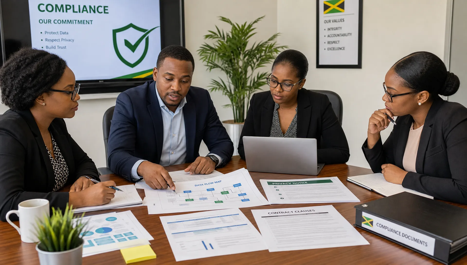 A Jamaican compliance team reviews data flow maps, privacy notices, and contract clauses on a conference table.