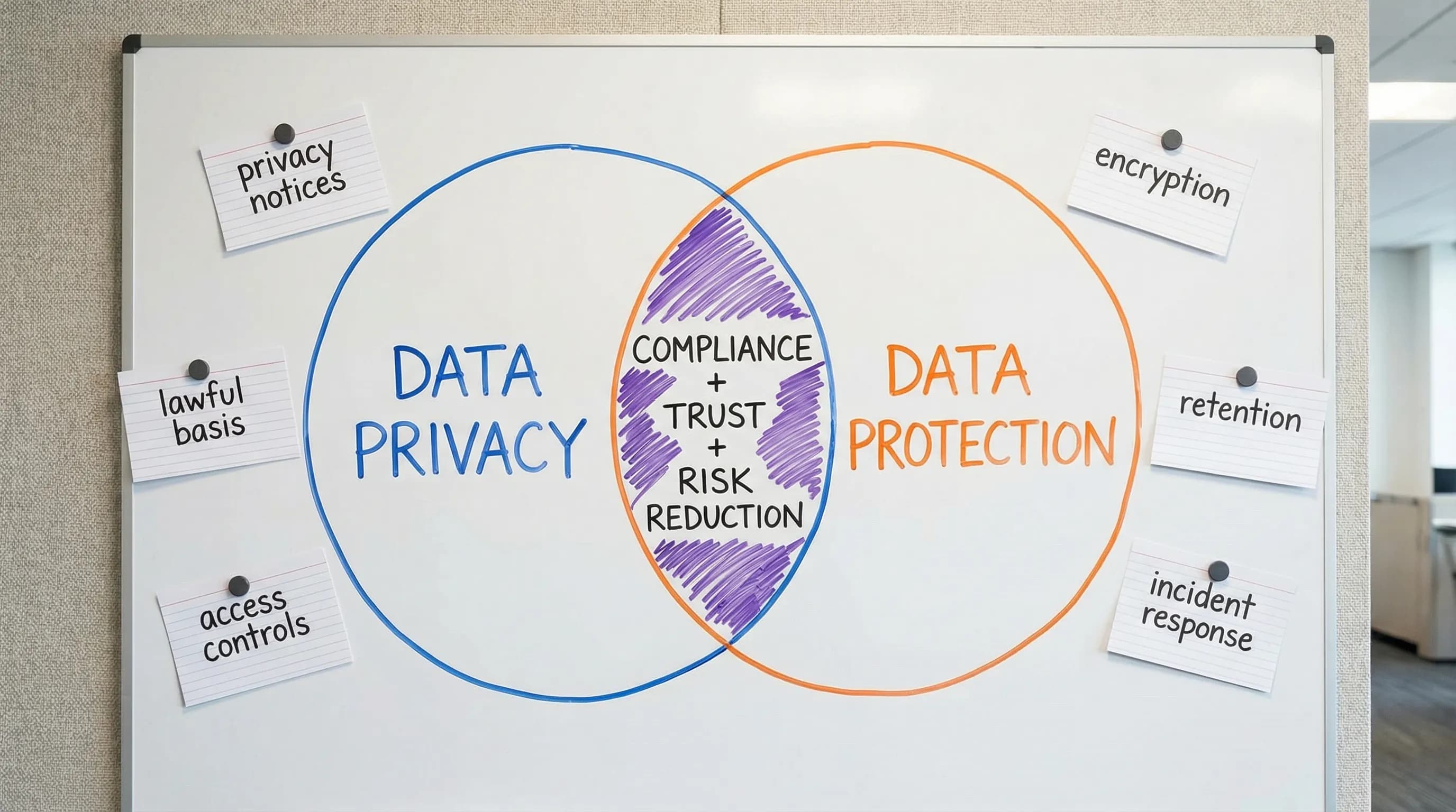 Two overlapping circles labelled “Data Privacy” and “Data Protection”, with the overlap labelled “Compliance + Trust + Risk Reduction”. Around the circles are small examples like “privacy notices”, “lawful basis”, “access controls”, “encryption”, “re...