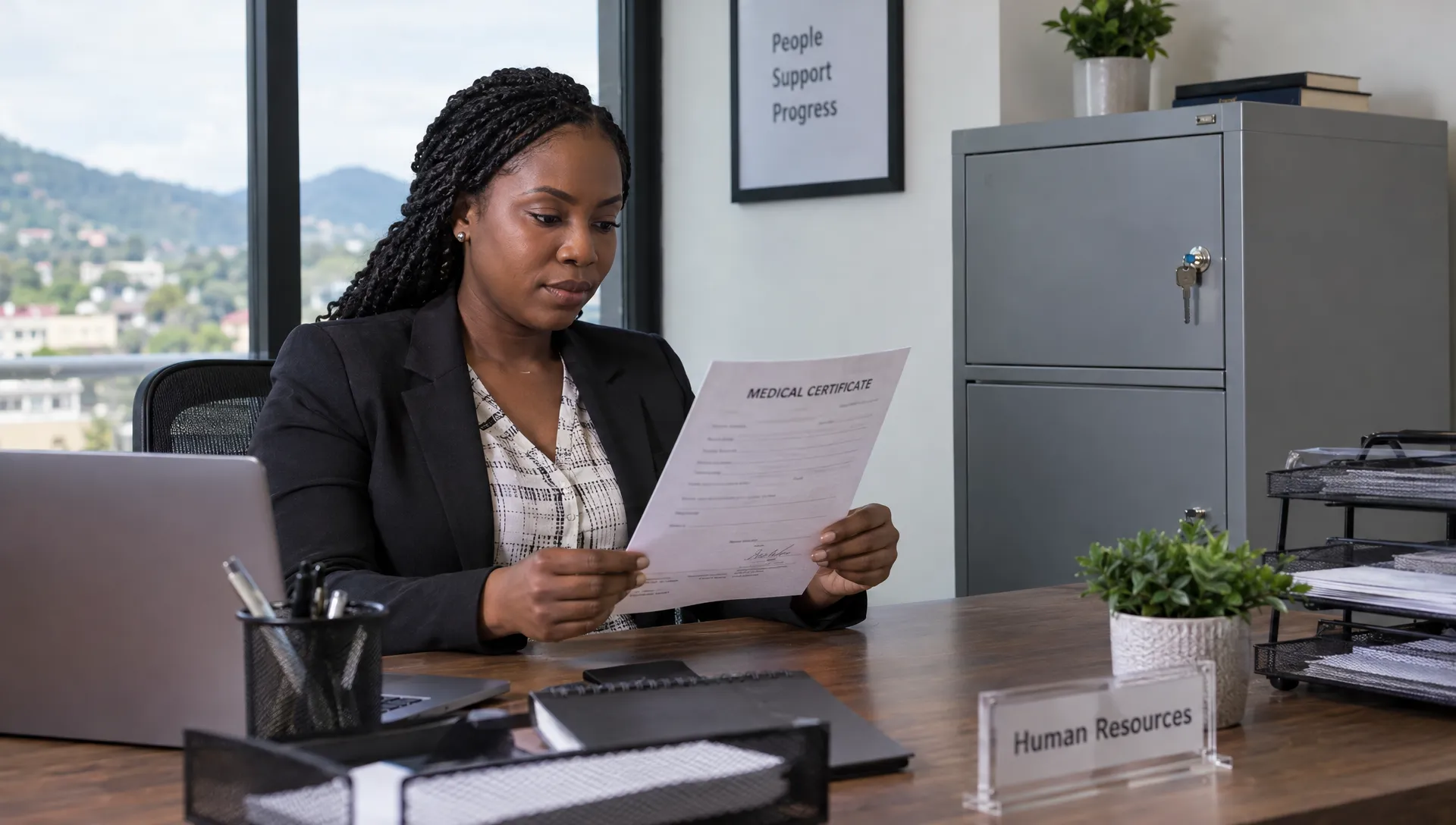 An HR officer checks a medical certificate at a private office desk while sensitive records remain secured in a locked cabinet.