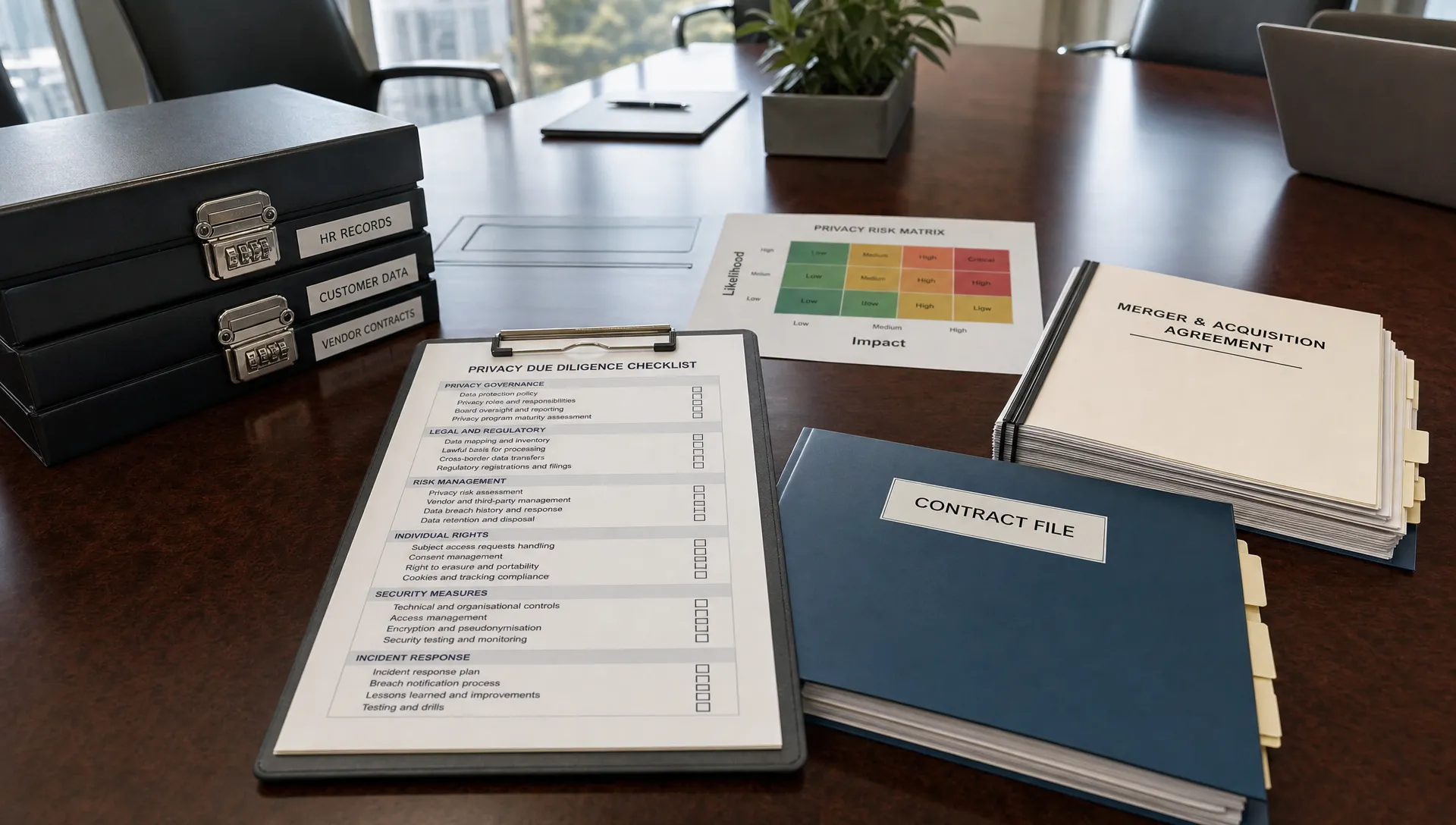 A boardroom table holds a privacy due diligence checklist, locked folders, a risk matrix and contract files for an M&A review.