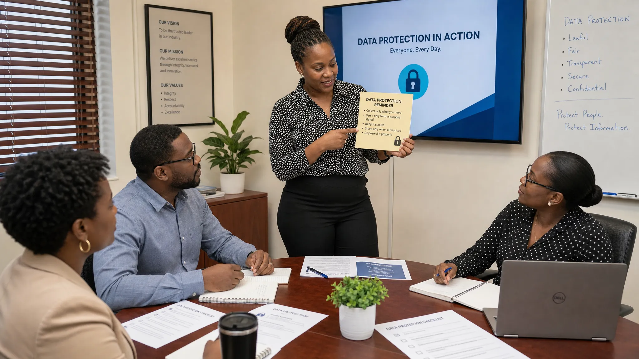 A small workplace team standing around a meeting table for a brief data protection training discussion, with printed privacy checklists, notebooks, and a facilitator pointing to a simple reminder card about secure handling of personal data.