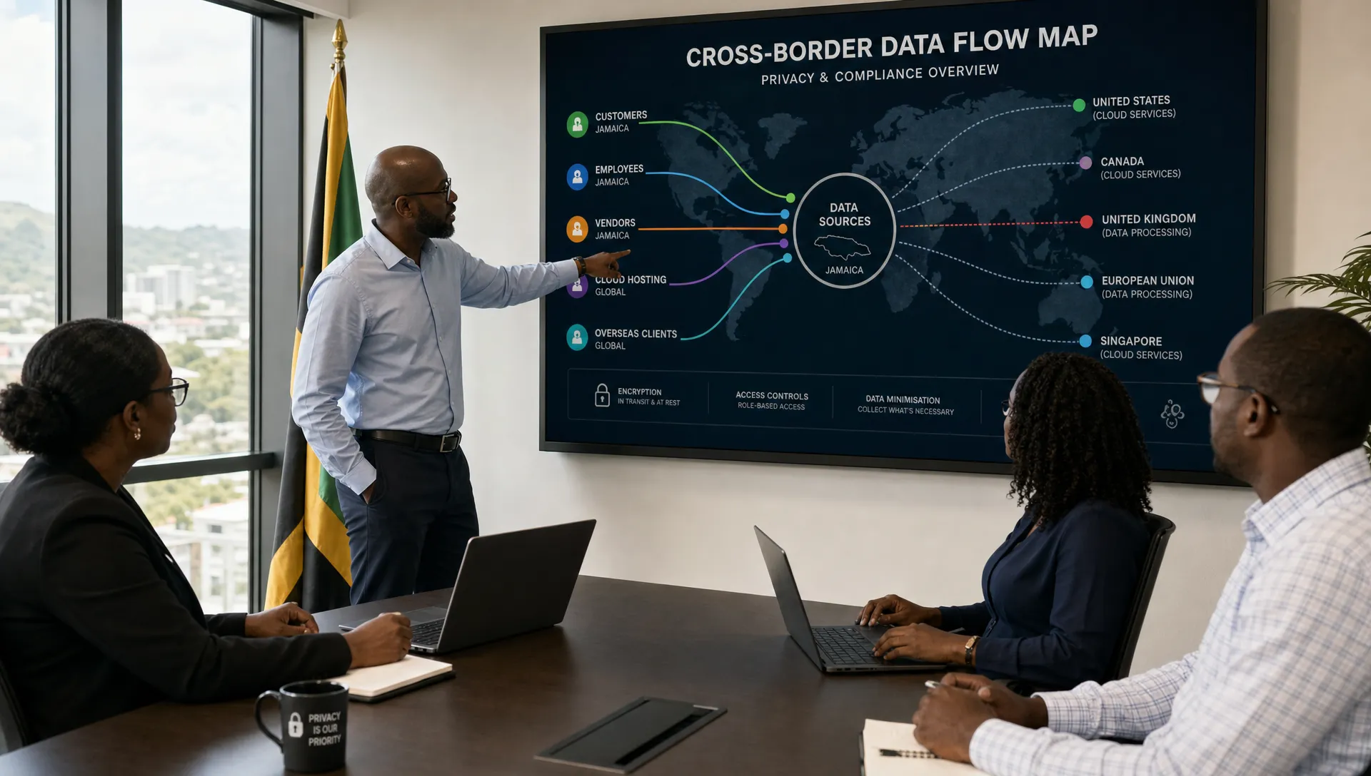 A Jamaican privacy and compliance team reviews a cross-border data flow map on a meeting room wall with routes for customers, employees, vendors, cloud hosting, and overseas clients.