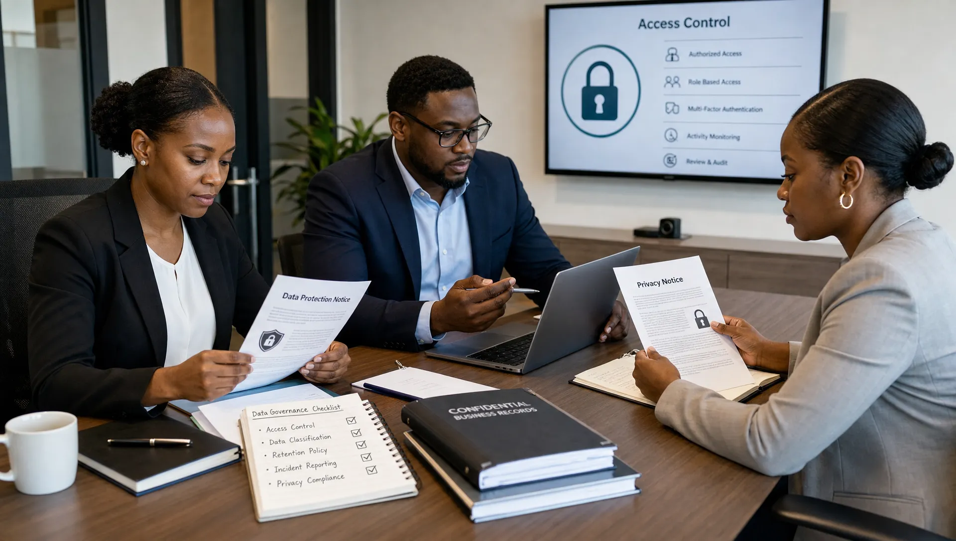 Office team reviewing secure business records and privacy notices during a compliance meeting, with documents, a laptop, and access control icons representing daily data governance.