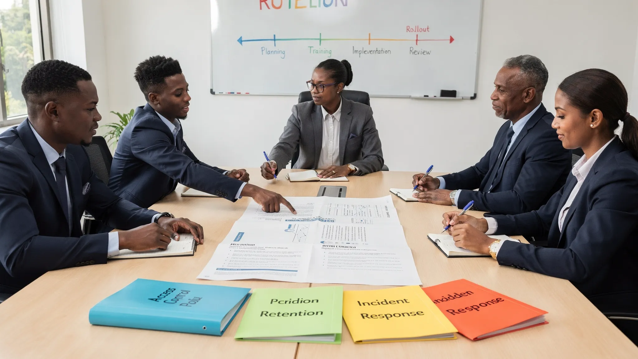 A Jamaican office compliance team in a meeting room reviewing a printed data protection policy pack, with folders labelled Access Control, Retention, Incident Response, and Vendor Management on the table, and a whiteboard showing a simple rollout tim...