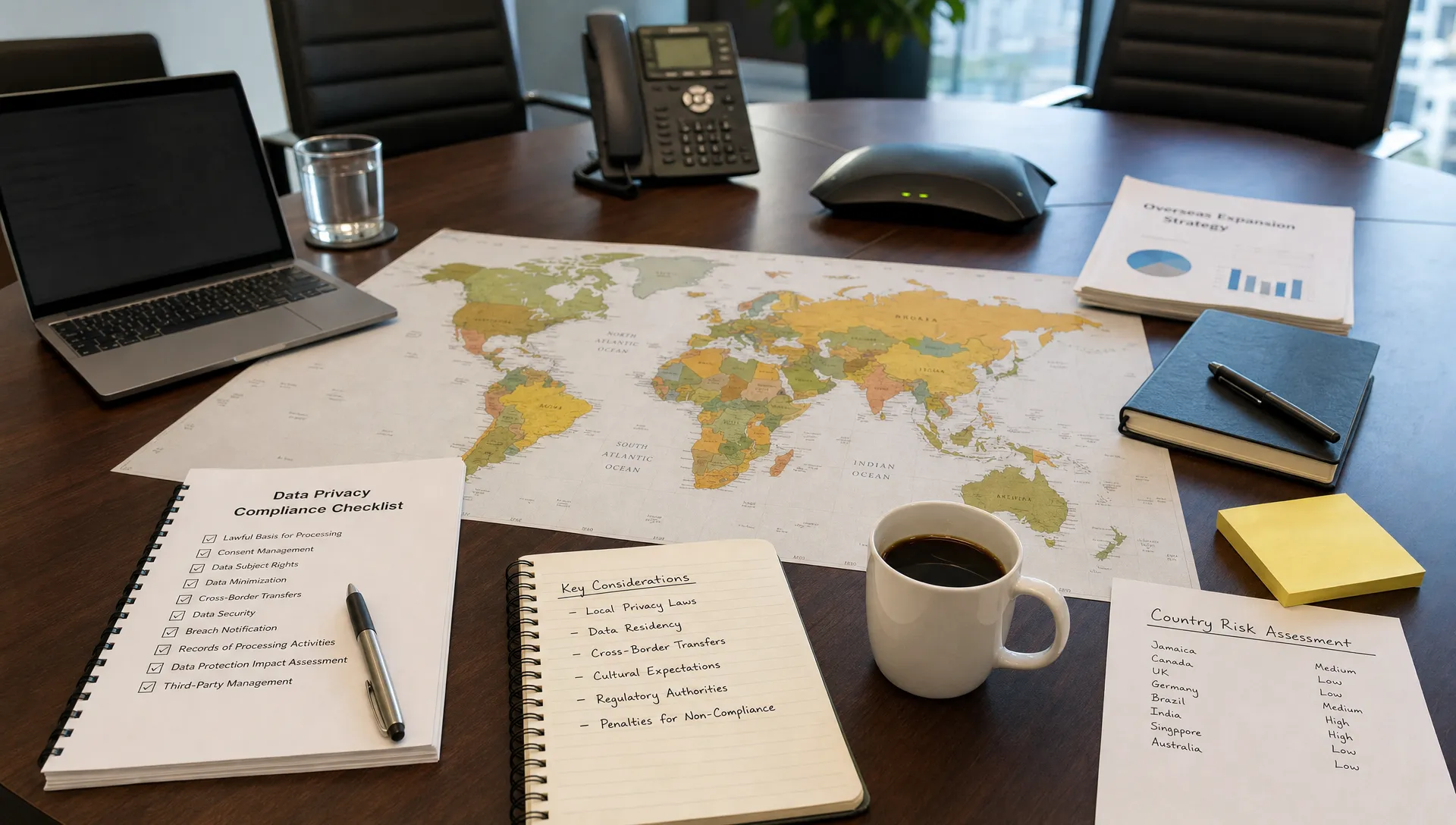 A boardroom table holds a world map, privacy checklists, and country risk notes for overseas expansion.